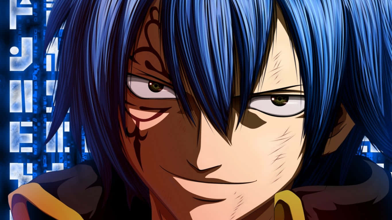 Jellal Fernandes 桌布 壁紙 — 動漫角色藍髮輕笑嘅特寫，背景係數碼藍色。