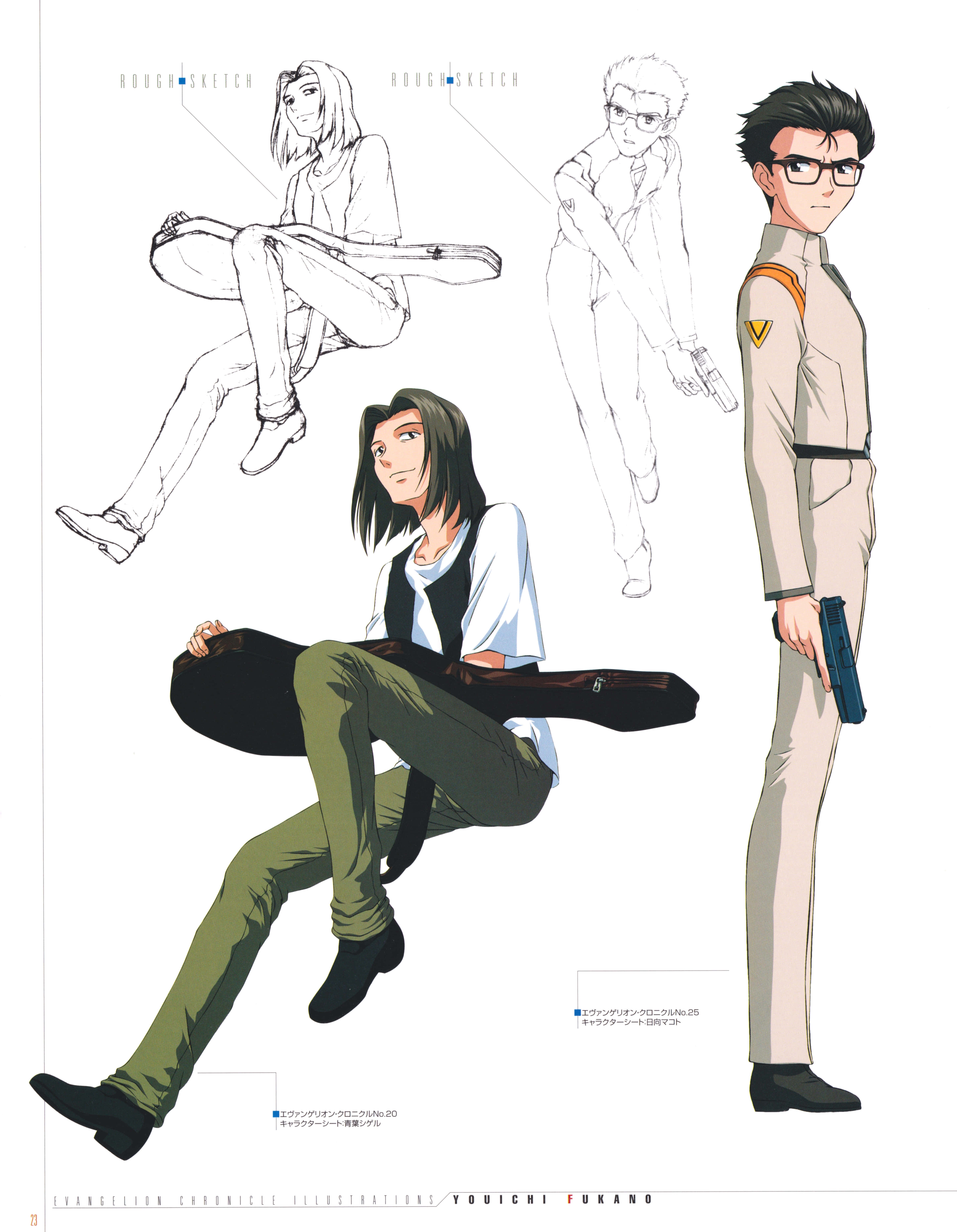 Makoto Hyuga 桌布 壁紙 — 動漫角色設計圖，包含坐著的結他手和站著的士兵，附有詳細草圖。