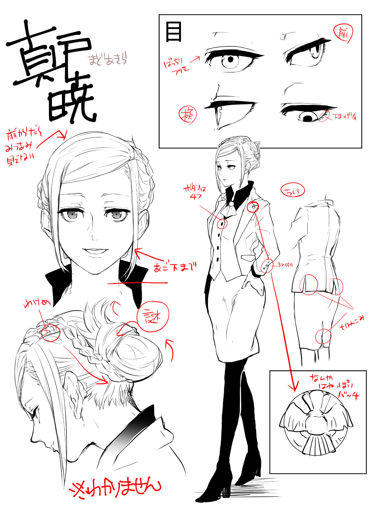 Akira Mado 桌布 壁紙 — 動漫角色設計表，包含眼睛、髮型、服裝和比例的詳細草圖，並附有日文註解。