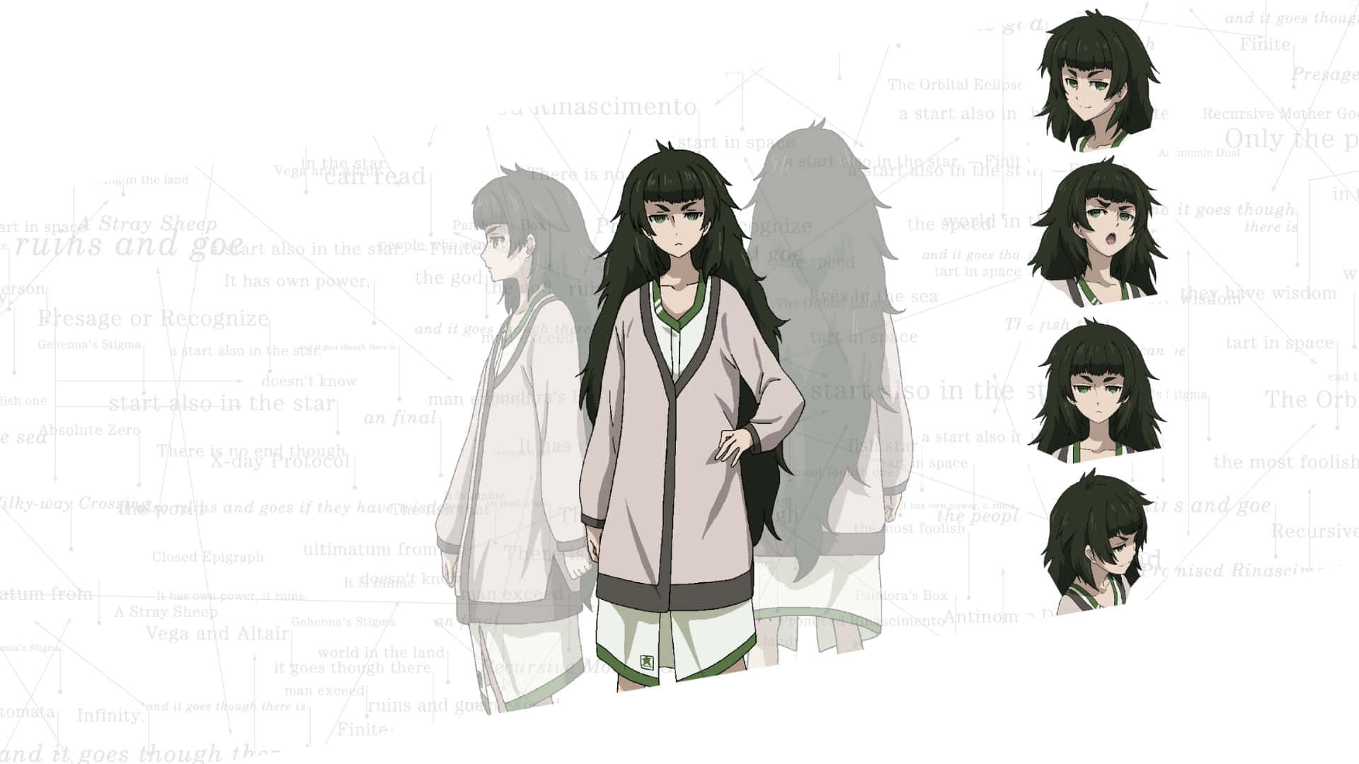 Maho Hiyajo 桌布 壁紙 — 動漫角色設計表，展示一位長黑髮女孩在充滿文字的背景前擺出各種姿勢和表情。