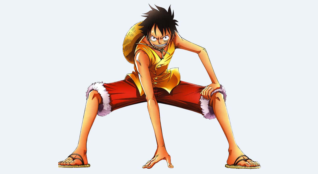 One Piece Characters 桌布 壁紙 — 動漫角色路飛以動態戰鬥姿勢，戴著草帽和紅色短褲，背景簡潔。