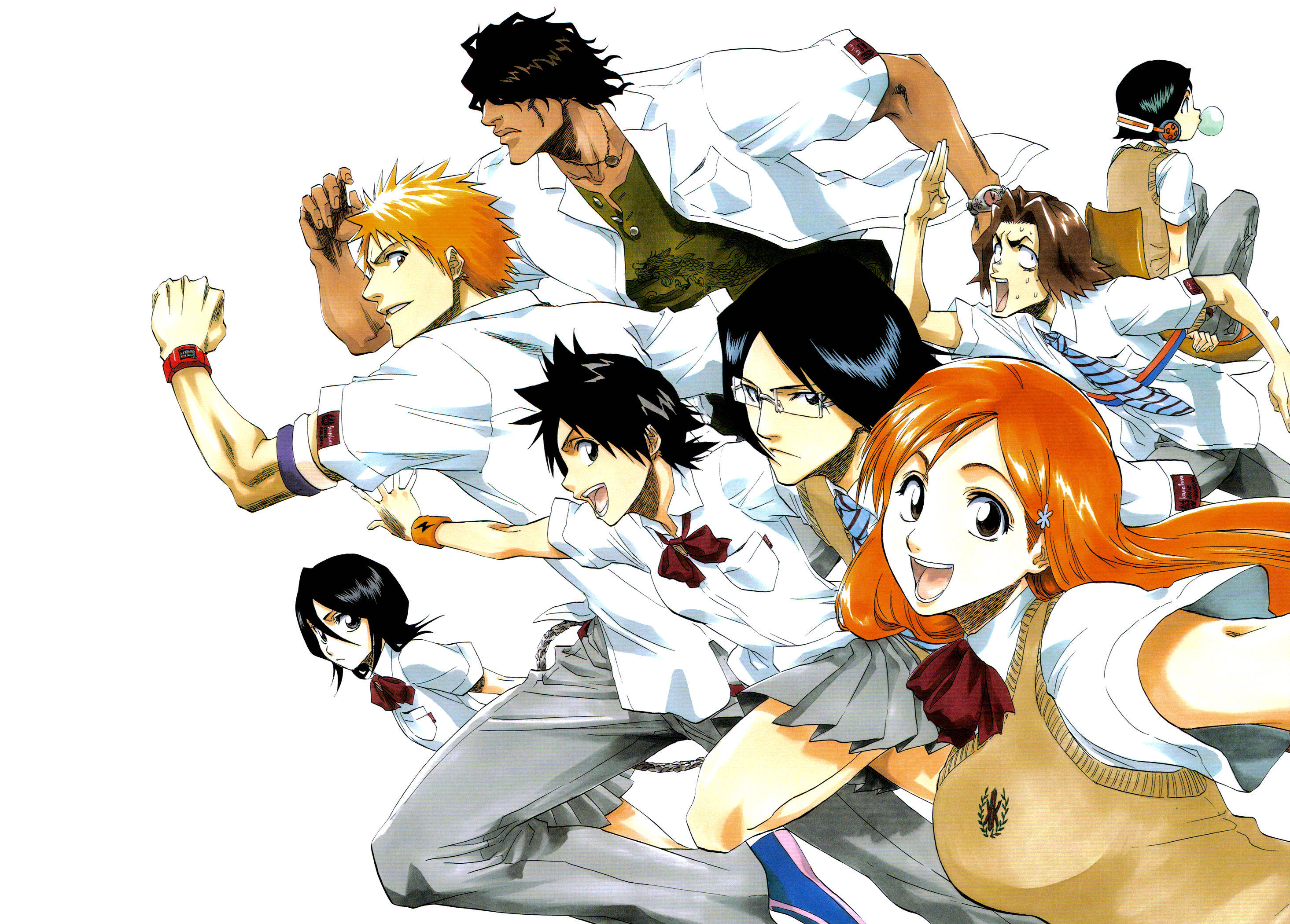 Bleach Anime 桌布 壁紙 — 動漫角色身穿校服，在純白背景前以充滿活力的表情向前躍進。