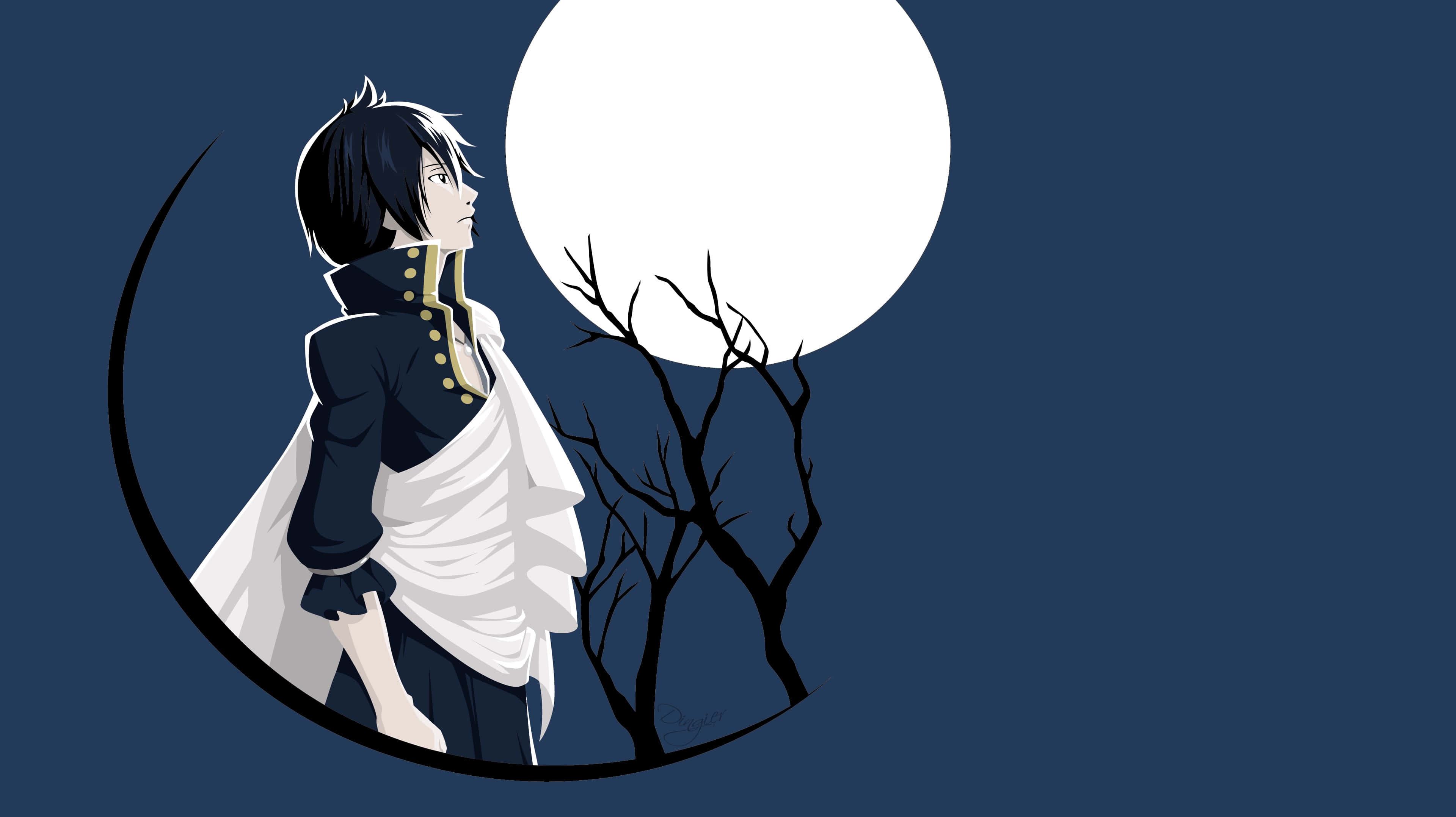 Zeref Dragneel 桌布 壁紙 — 動漫角色身穿深色外套，在深藍色夜空下，凝視著光禿禿樹木旁的滿月。