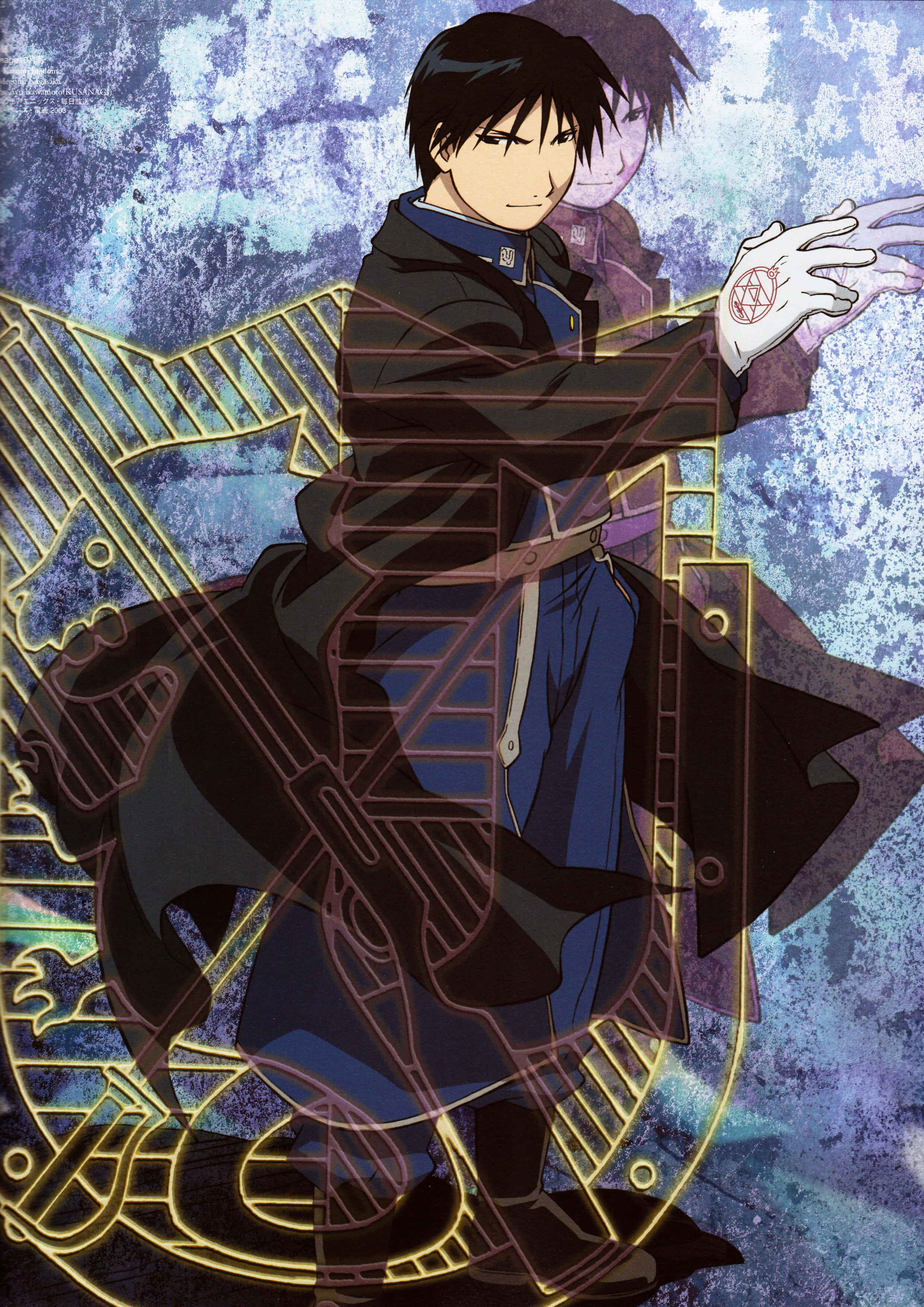 Roy Mustang 桌布 壁紙 — 動漫角色身穿深色外套，自信地站立，發光的金色魔法符號在他周圍旋轉，背景為帶紋理的藍色。