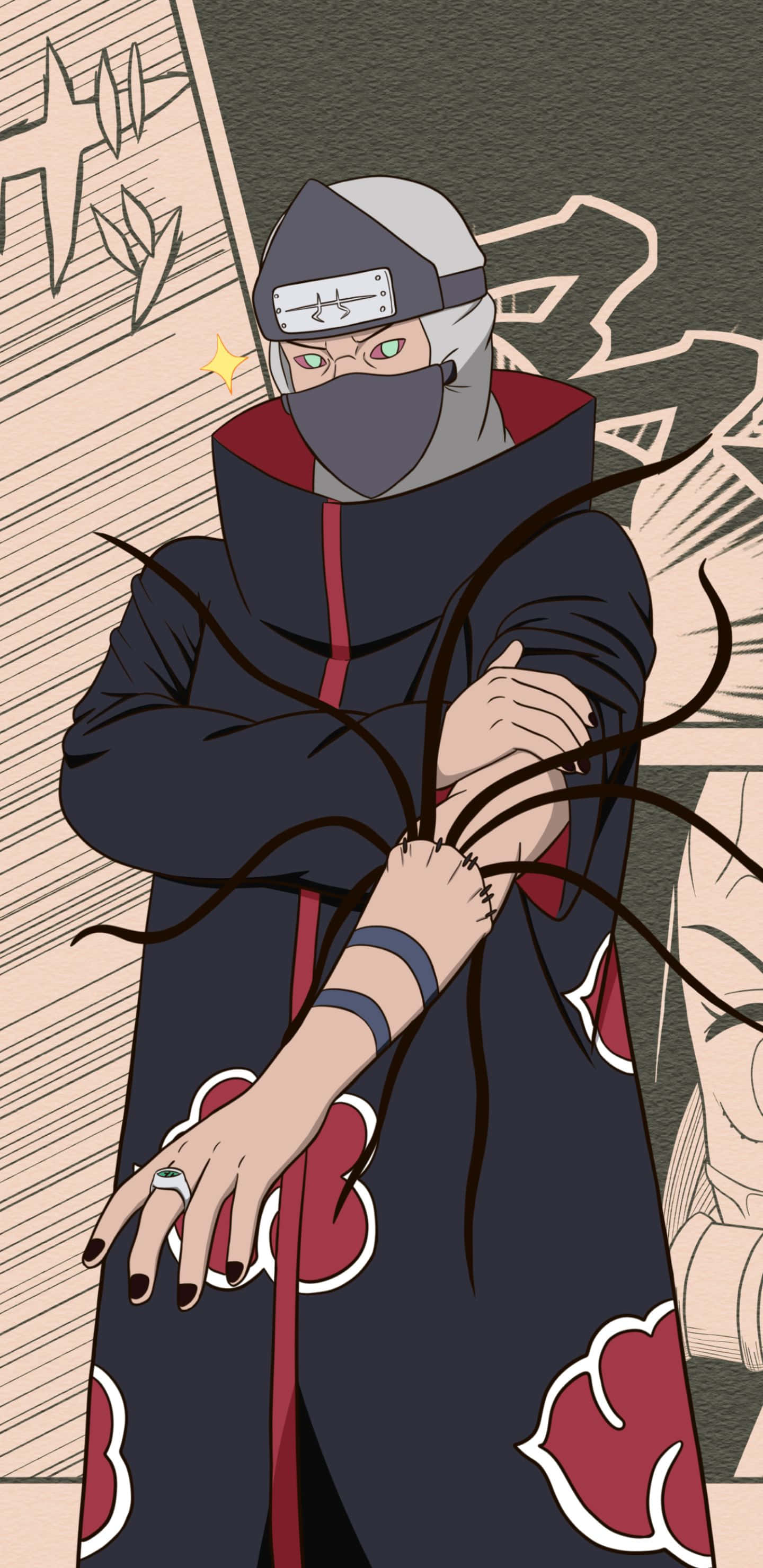 Akatsuki Kakuzu 桌布 壁紙 — 動漫角色身穿深色斗篷，帶有紅色雲紋和面具，在漫畫風格背景中揮舞黑色觸手。