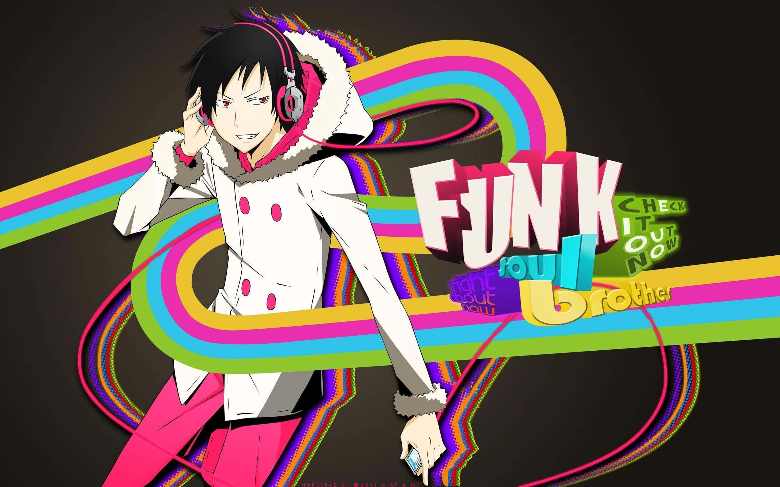 Funk 桌布 壁紙 — 動漫角色身穿白色外套和粉紅色耳機，站在充滿活力的彩虹漩渦前，帶有「FUNK SOUL BROTHER」文字。