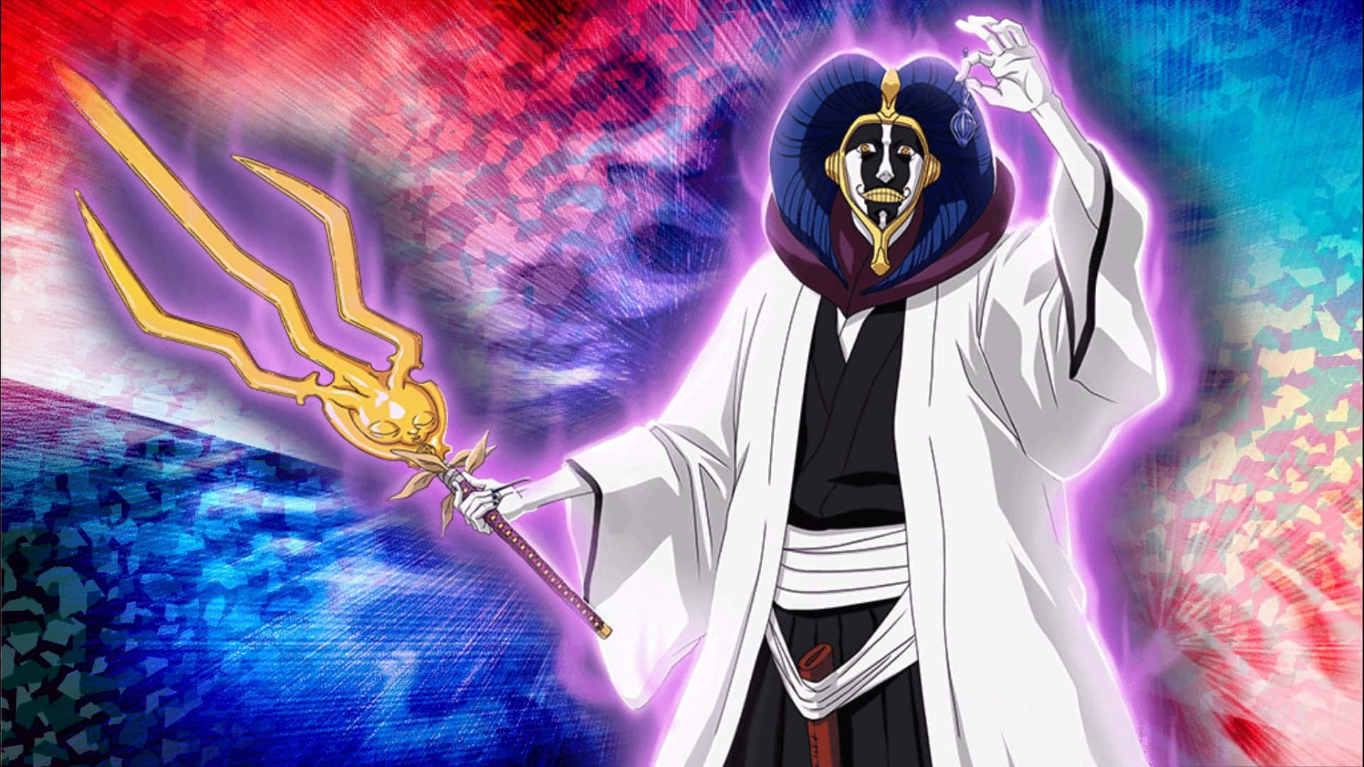 Mayuri Kurotsuchi 桌布 壁紙 — 動漫角色身穿白袍，在宇宙紅藍背景下揮舞著發光的金色武器。