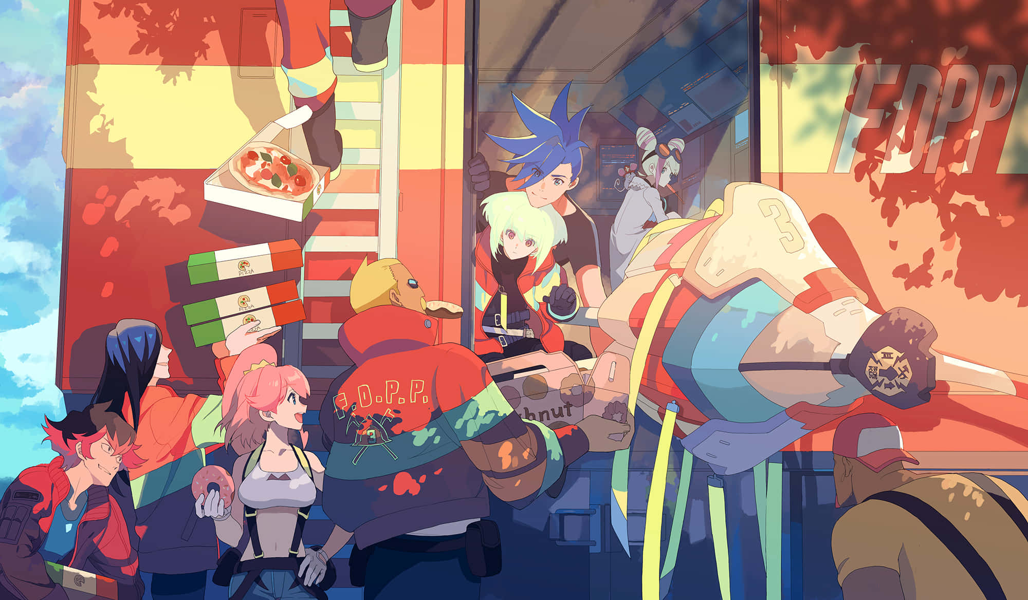 Promare 桌布 壁紙 — 動漫角色身穿鮮豔的紅色和黃色制服，在明亮的藍天下聚集在一輛美食車周圍，周圍有秋葉。