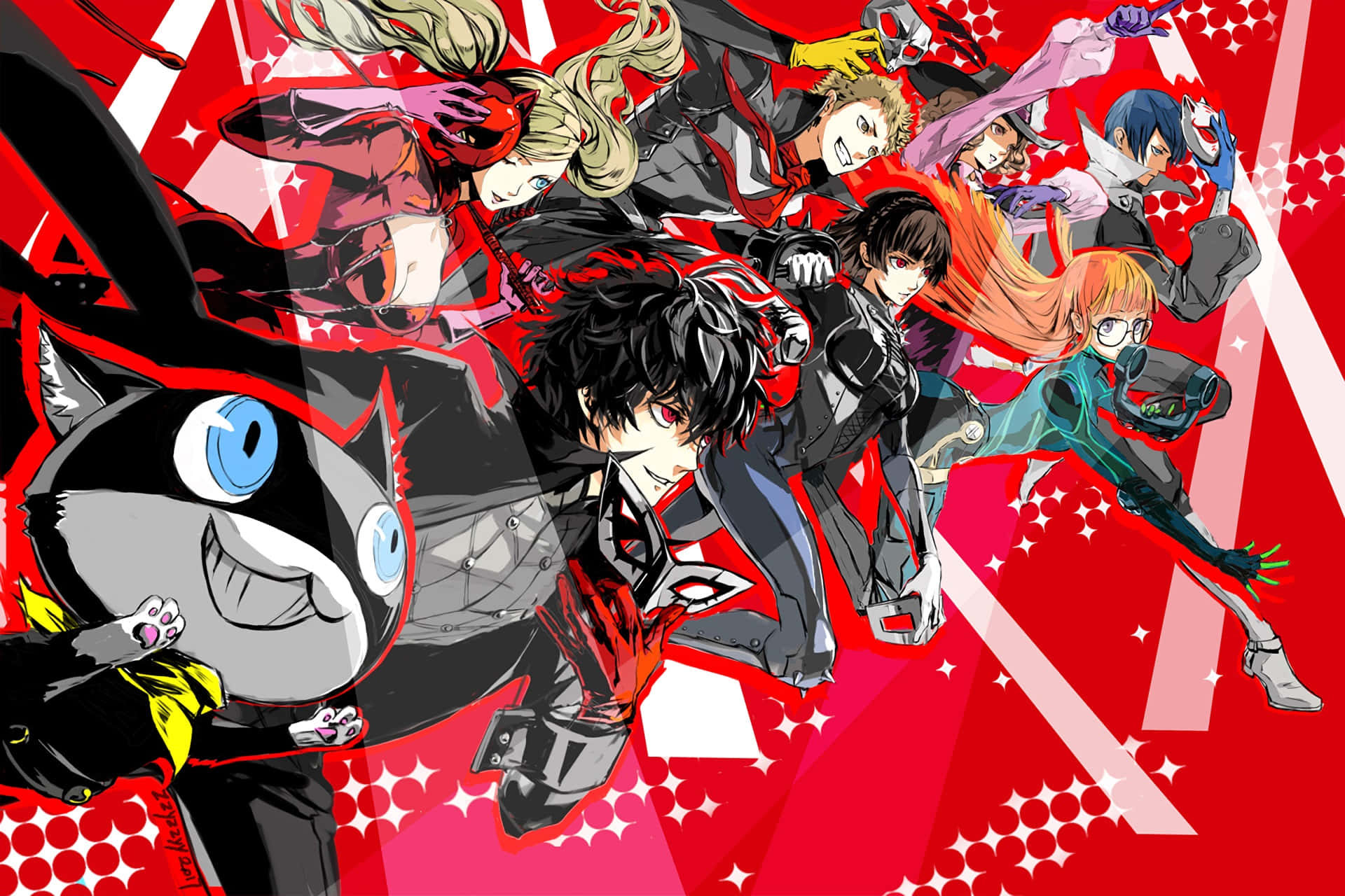 Persona 5 Strikers 桌布 壁紙 — 動漫角色身穿黑色和紅色裝備，在帶有白色星爆的鮮紅色背景上跳躍。