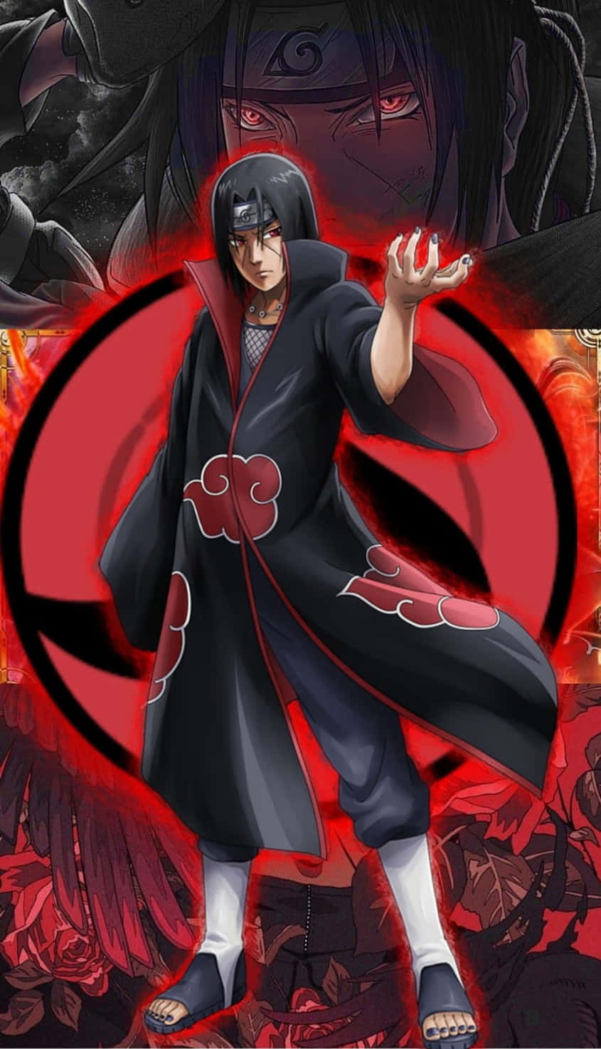 Jutsu 桌布 壁紙 — 動漫角色身穿黑色斗篷，上有紅色雲朵，站在一個被暗色玫瑰環繞的發光紅色螺旋標誌前。