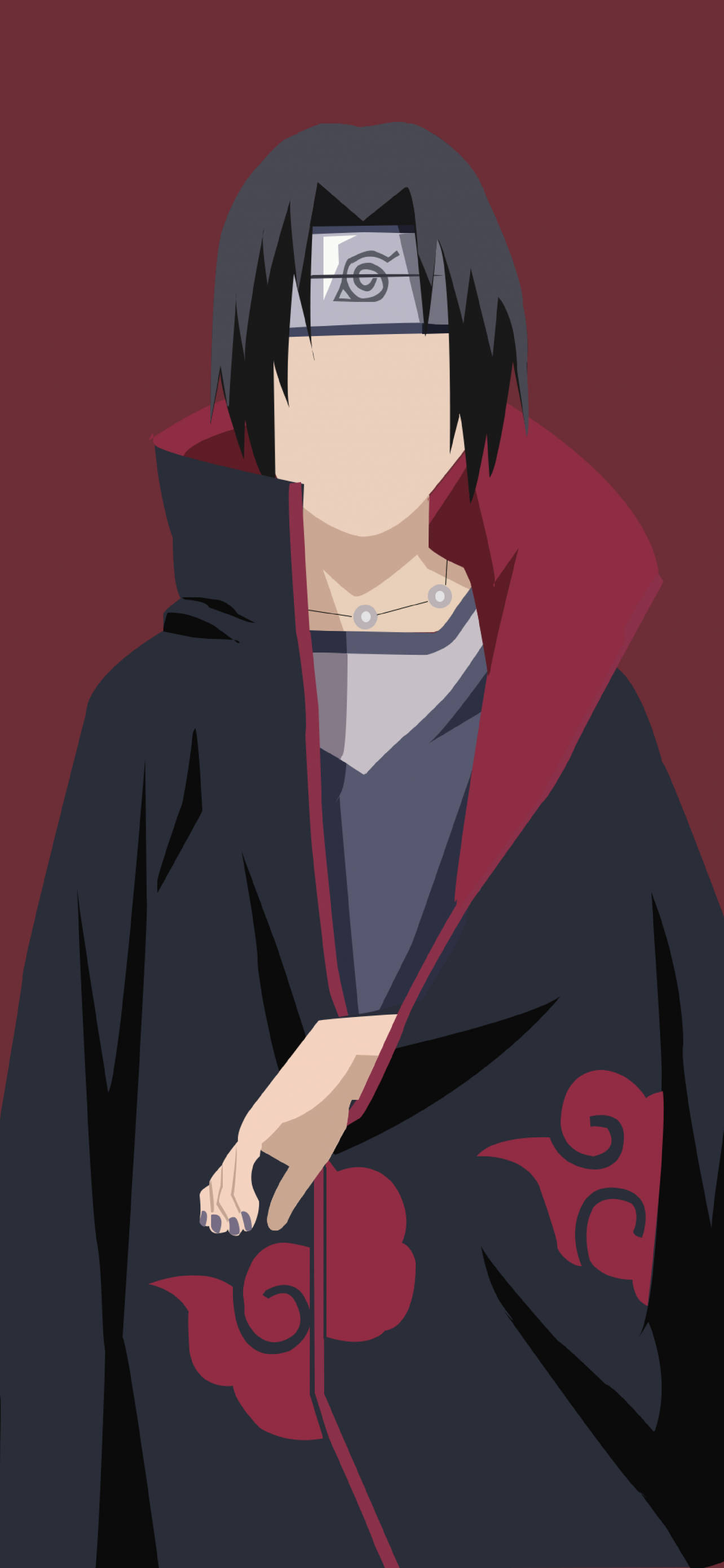 Itachi 桌布 壁紙 — 動漫角色身穿黑色斗篷，上有紅色雲朵和額頭護具，站在深紅色背景前。