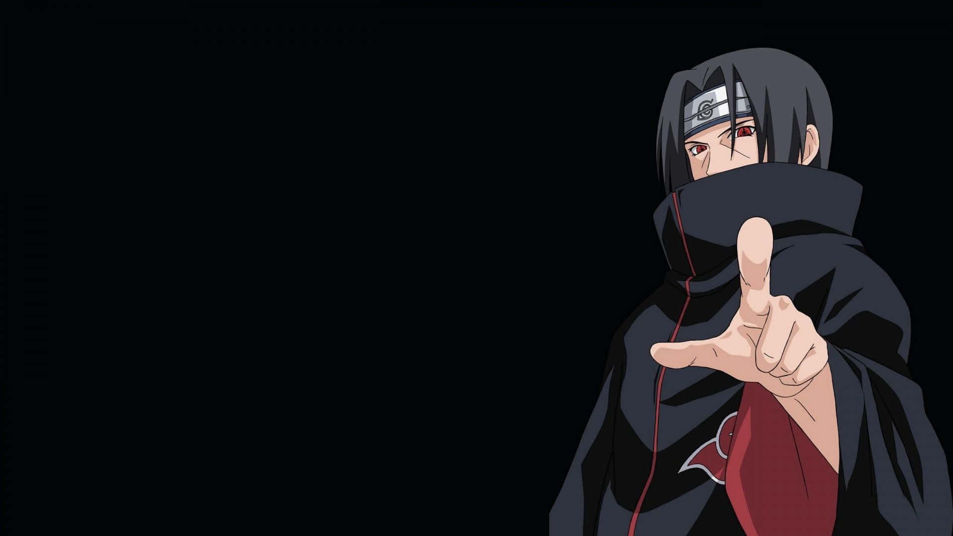 Itachi 桌布 壁紙 — 動漫角色身穿黑色斗篷，紅色眼睛，在黑暗背景下直接指向觀眾。