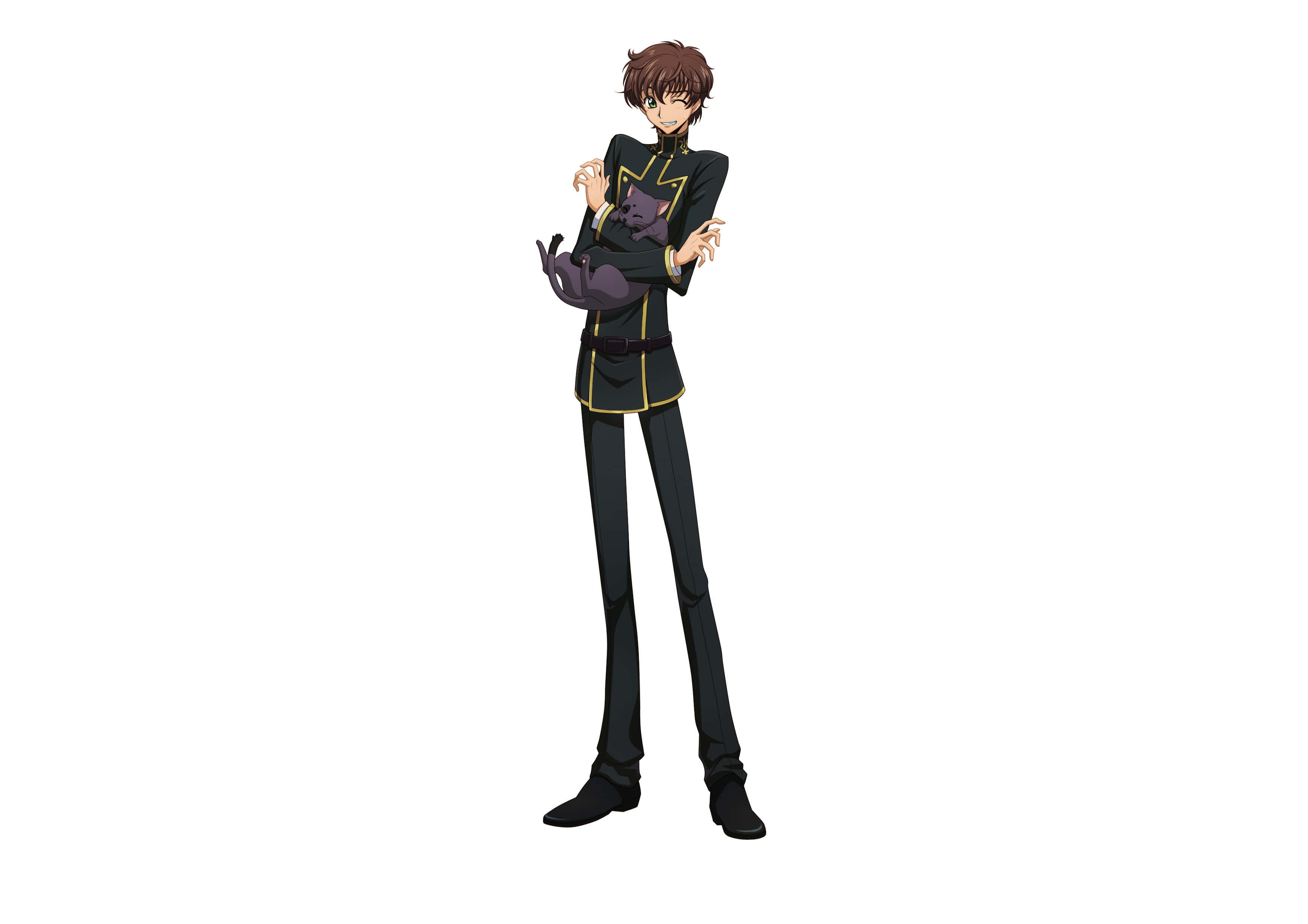 Suzaku Kururugi 桌布 壁紙 — 動漫角色身穿黑色鑲金邊制服，在純白背景前抱著一隻紫色貓咪。