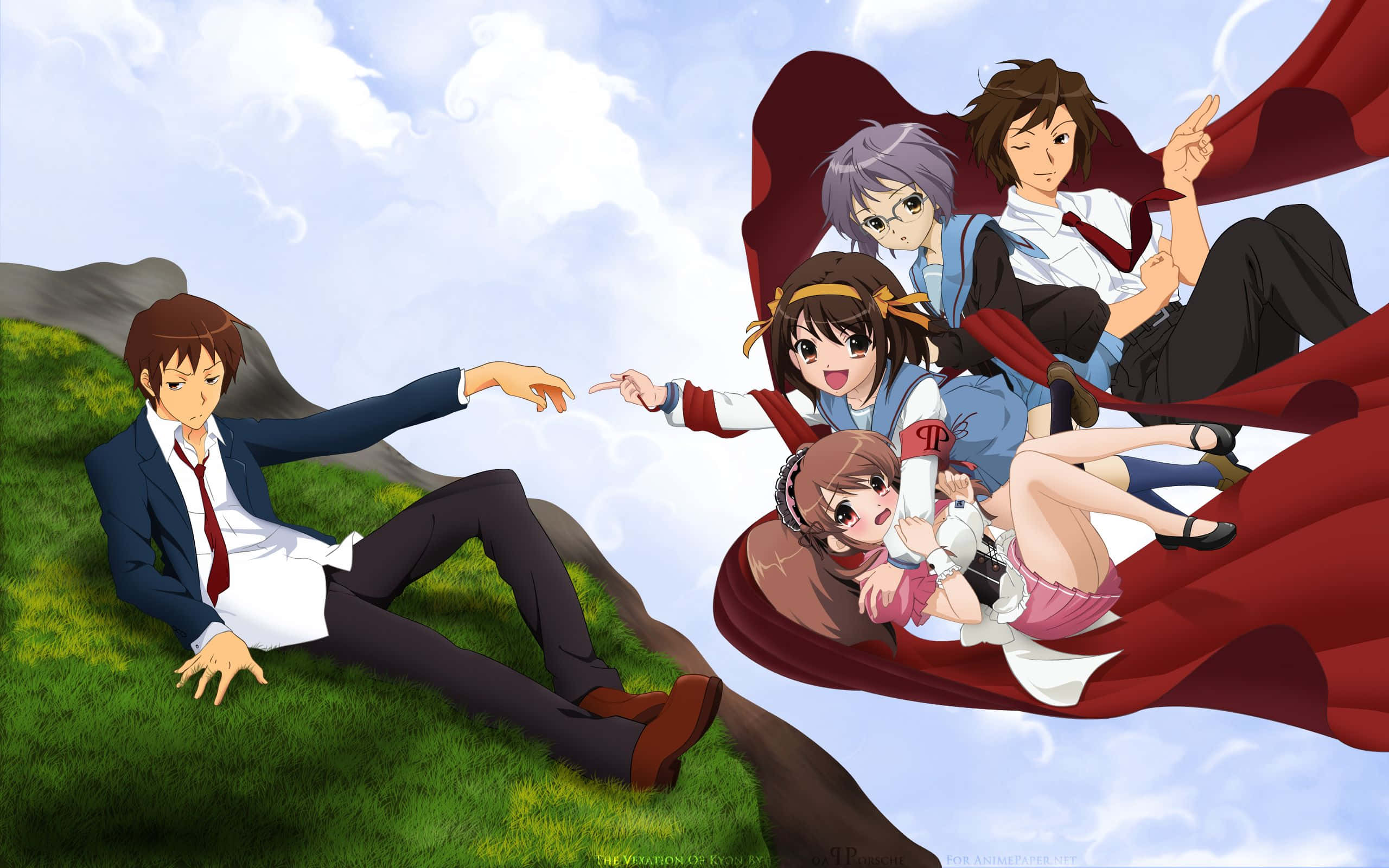 Kyon 桌布 壁紙 — 動漫角色重現創世神話，一個男孩在草地上向紅布上的四個女孩伸手，背景是陰天。