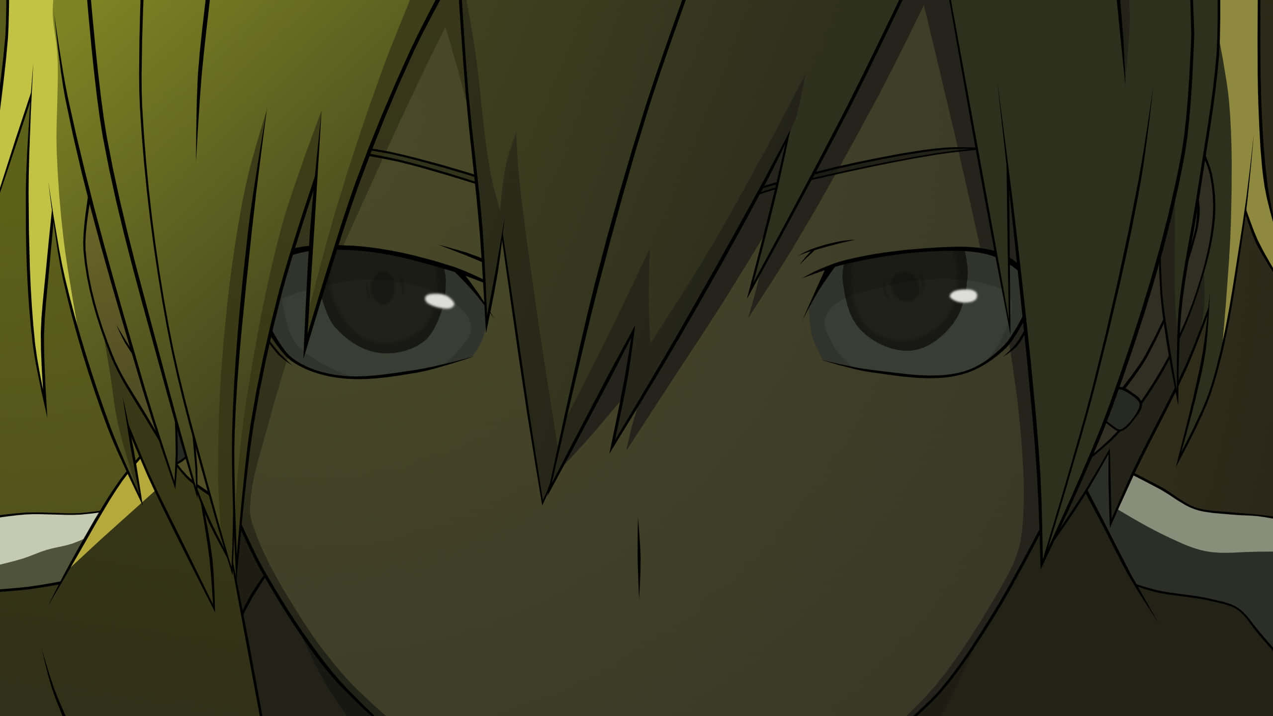 Masaomi Kida 桌布 壁紙 — 動漫角色銳利眼睛的特寫，被尖刺黃色頭髮包圍，處於昏暗燈光下。