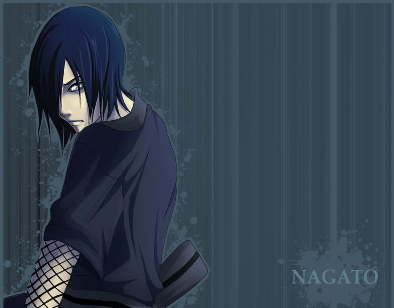 Akatsuki Naruto Shippuden 桌布 壁紙 — 動漫角色長門身穿深藍色服裝，在帶有飛濺效果的紋理藍色背景上轉頭回望。