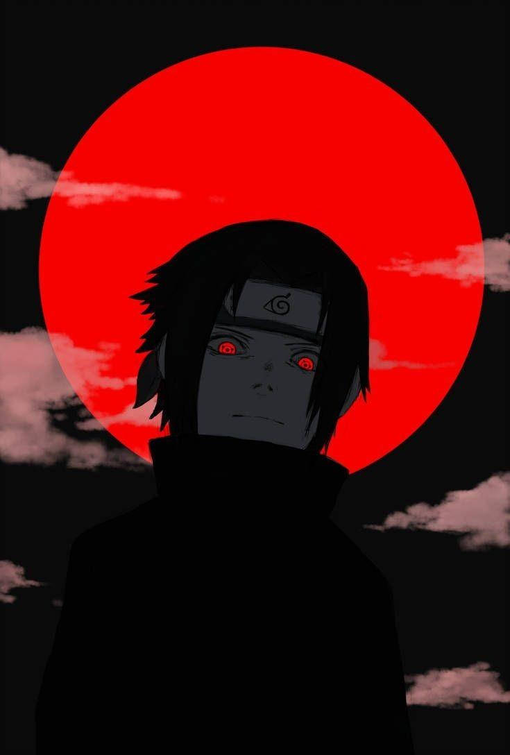 sasuke uchiha 4K 桌布 壁紙 — 動漫角色閃爍紅眼，在巨大紅太陽和粉紅雲朵的襯托下呈現剪影。