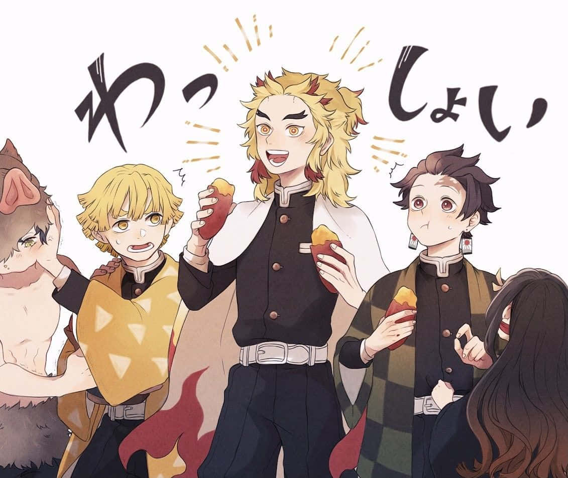 Rengoku And Tanjiro 桌布 壁紙 — 動漫角色開心吃餃子，表情豐富，對話氣泡動感十足。
