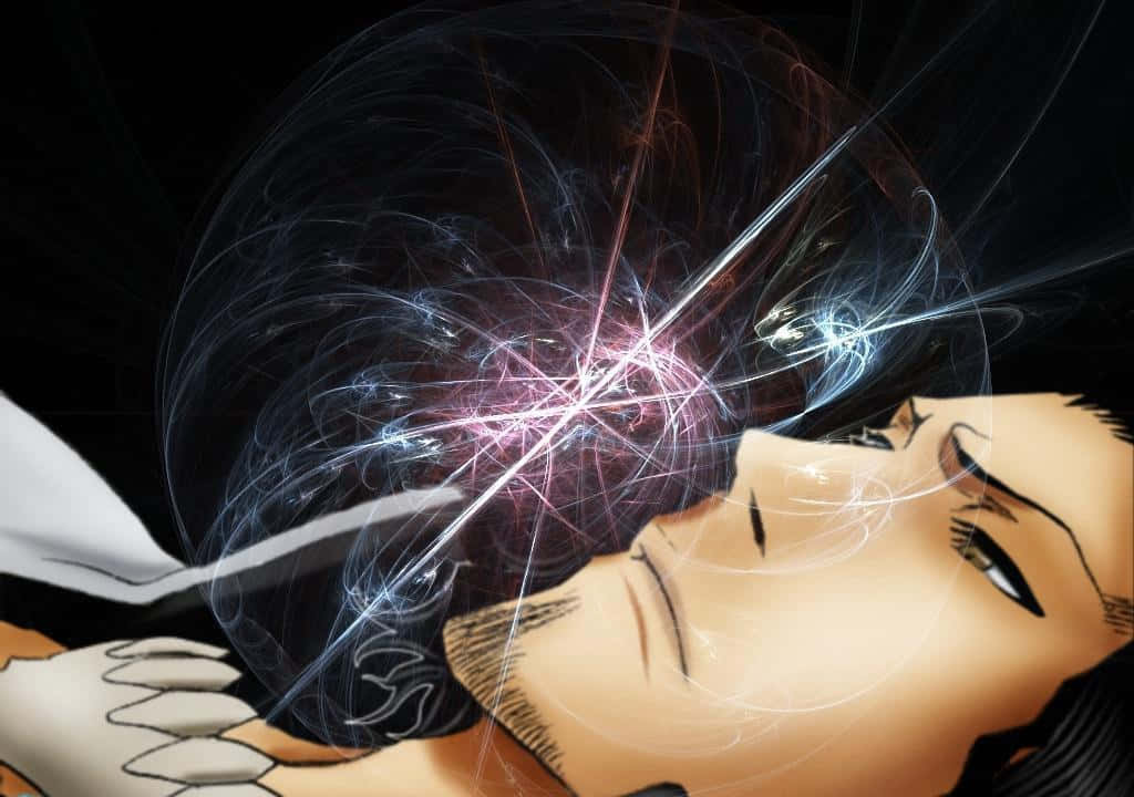 Coyote Starrk 桌布 壁紙 — 動漫角色頭頂上有發光能量旋轉，背景為深色。
