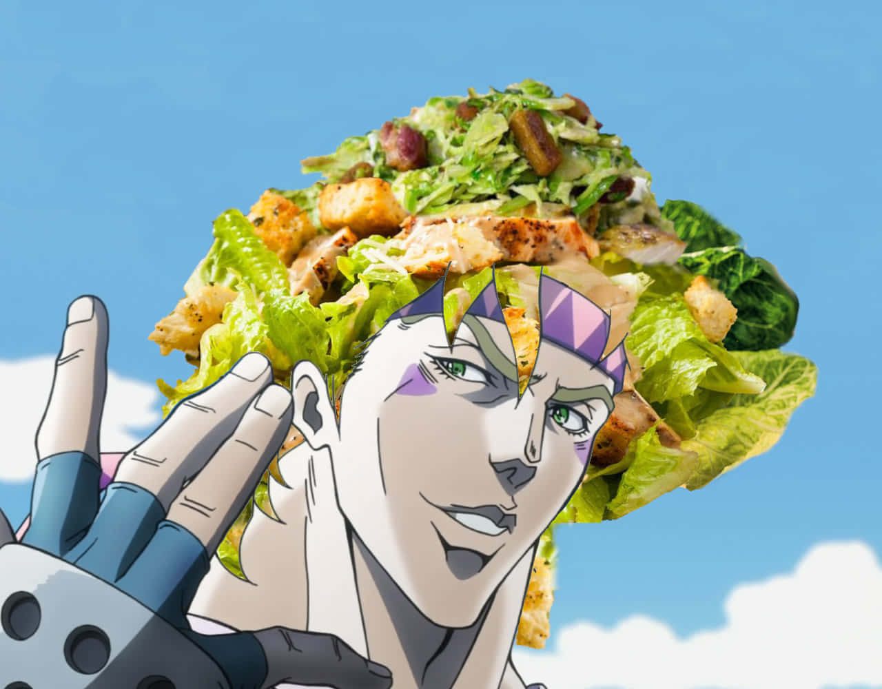 Caesar Anthonio Zeppeli 桌布 壁紙 — 動漫角色頭頂堆滿沙律，背景是晴朗藍天白雲。