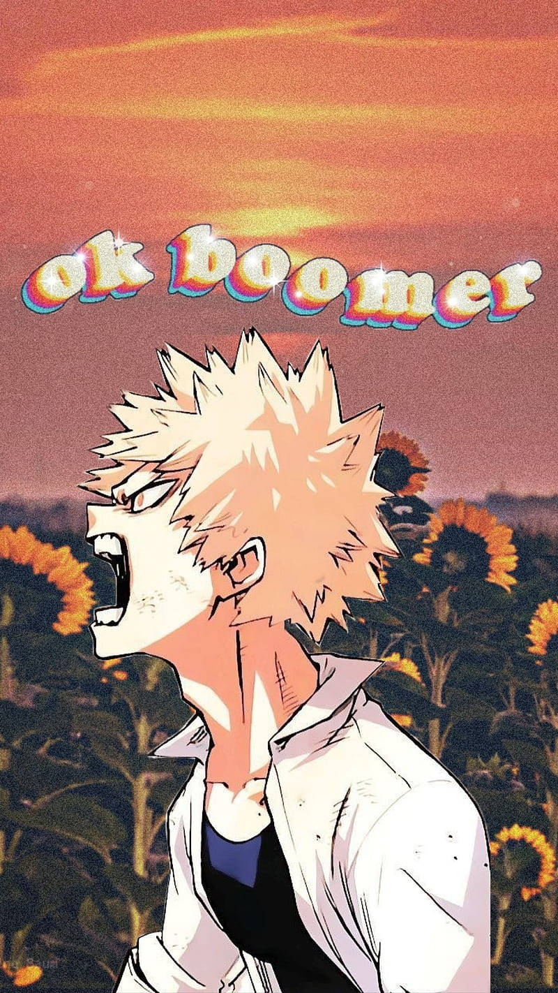 爆豪 桌布 壁紙 — 動漫角色頭髮尖尖，在夕陽天空下對著向日葵和「ok boomer」文字大喊。