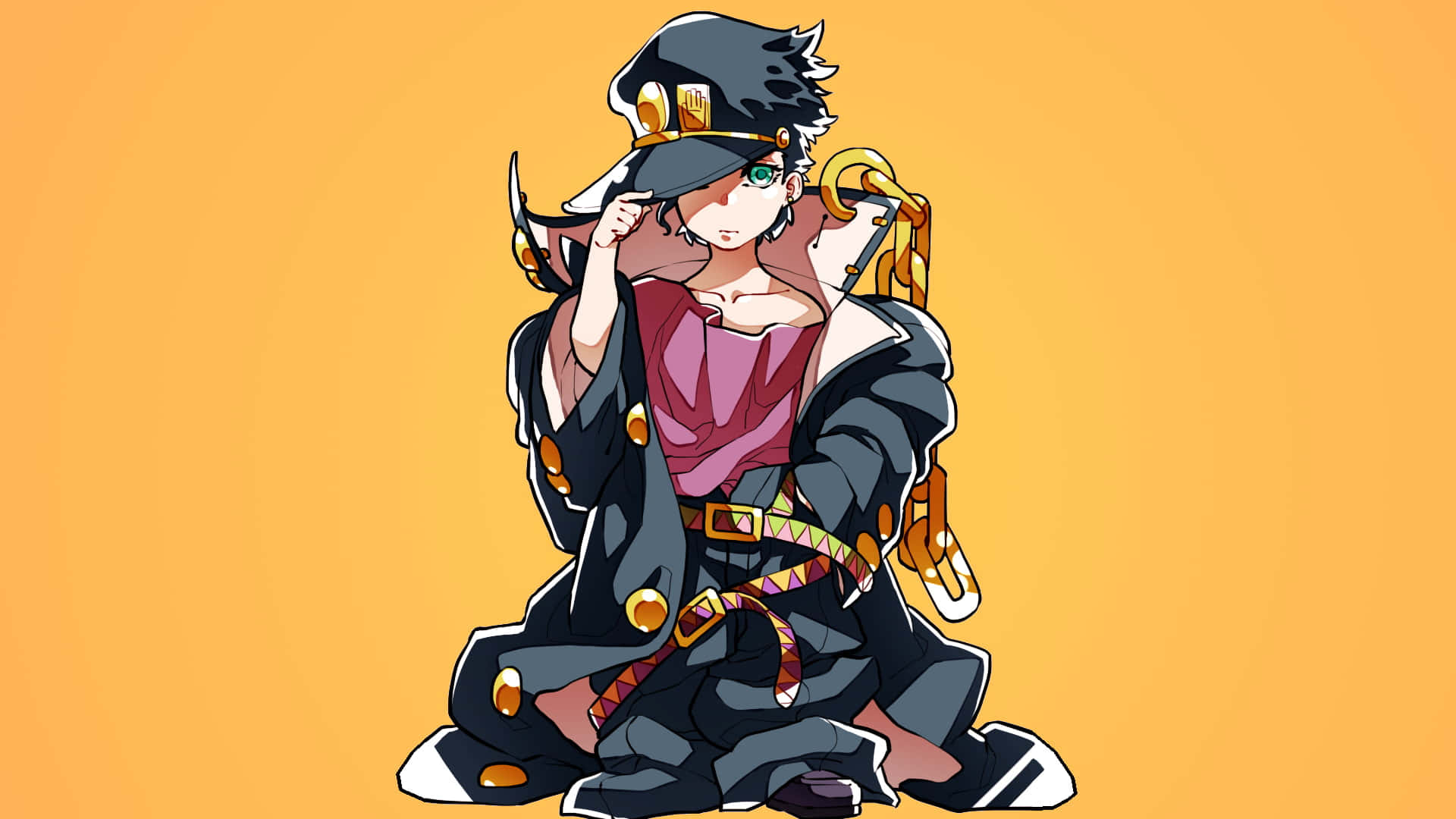 Jotaro Kujo 桌布 壁紙 — 動漫角色頭髮豎起戴帽，盤腿坐在純橙色背景前。