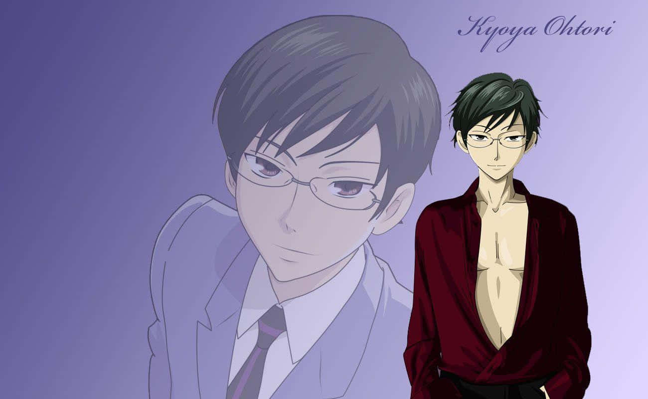 Kyoya Ootori 桌布 壁紙 — 動漫角色鳳鏡夜身穿栗色開胸襯衫，站在柔和的紫色背景前，身後有一幅褪色的肖像。