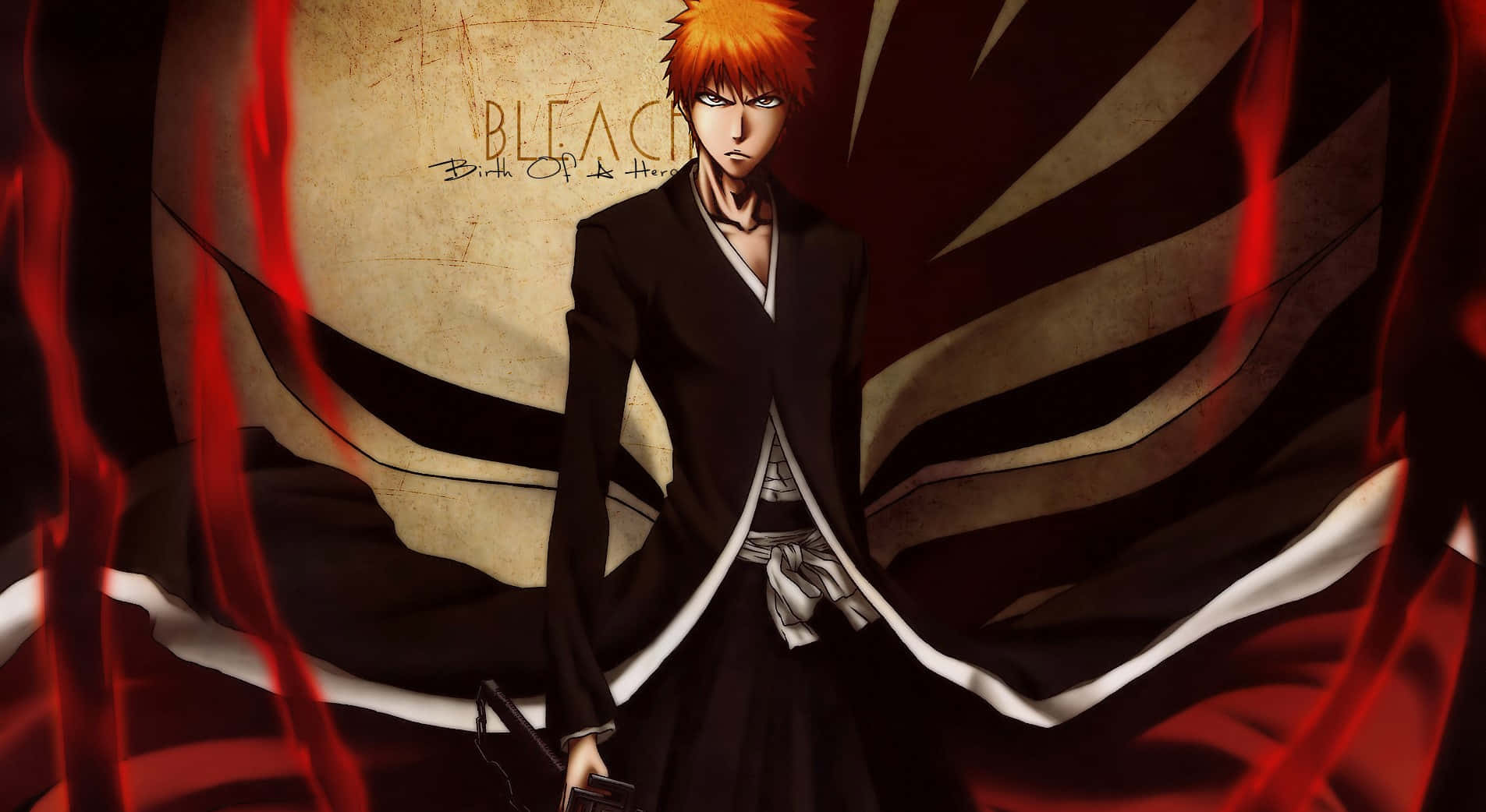 Bleach Thousand-year Blood War Arc 桌布 壁紙 — 動漫角色黑崎一護身穿黑白制服，紅色能量在他周圍旋轉，背景帶有紋理。