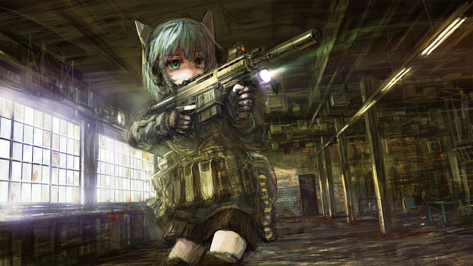 動漫軍事少女開火 壁紙 — 一個貓耳動漫女孩穿著戰術裝備，在陽光照射的廢棄倉庫內瞄準一把發光的步槍。