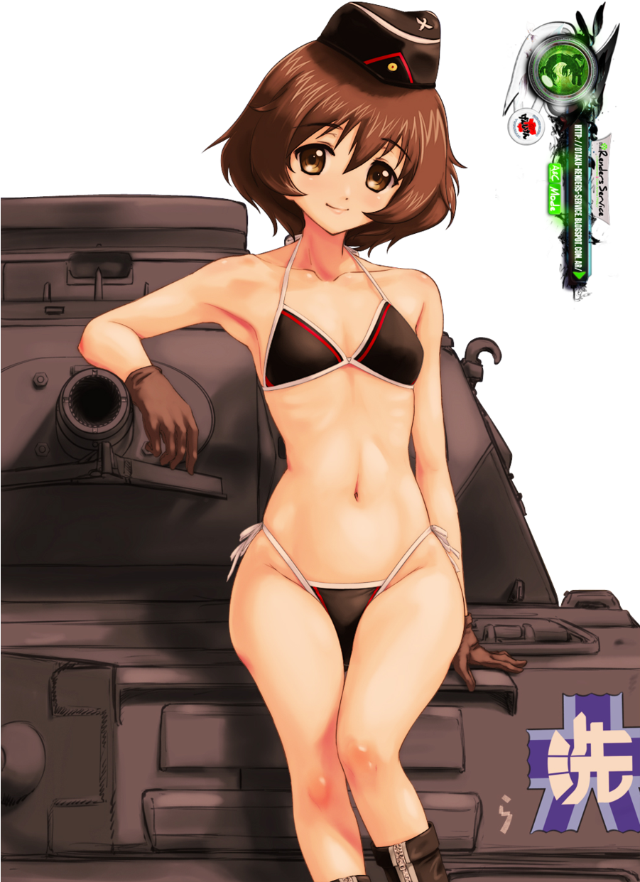 動漫軍事比基尼角色 壁紙 — 動漫女孩穿著比基尼和軍帽，靠在一輛帶有發光綠色武器圖標的坦克上。