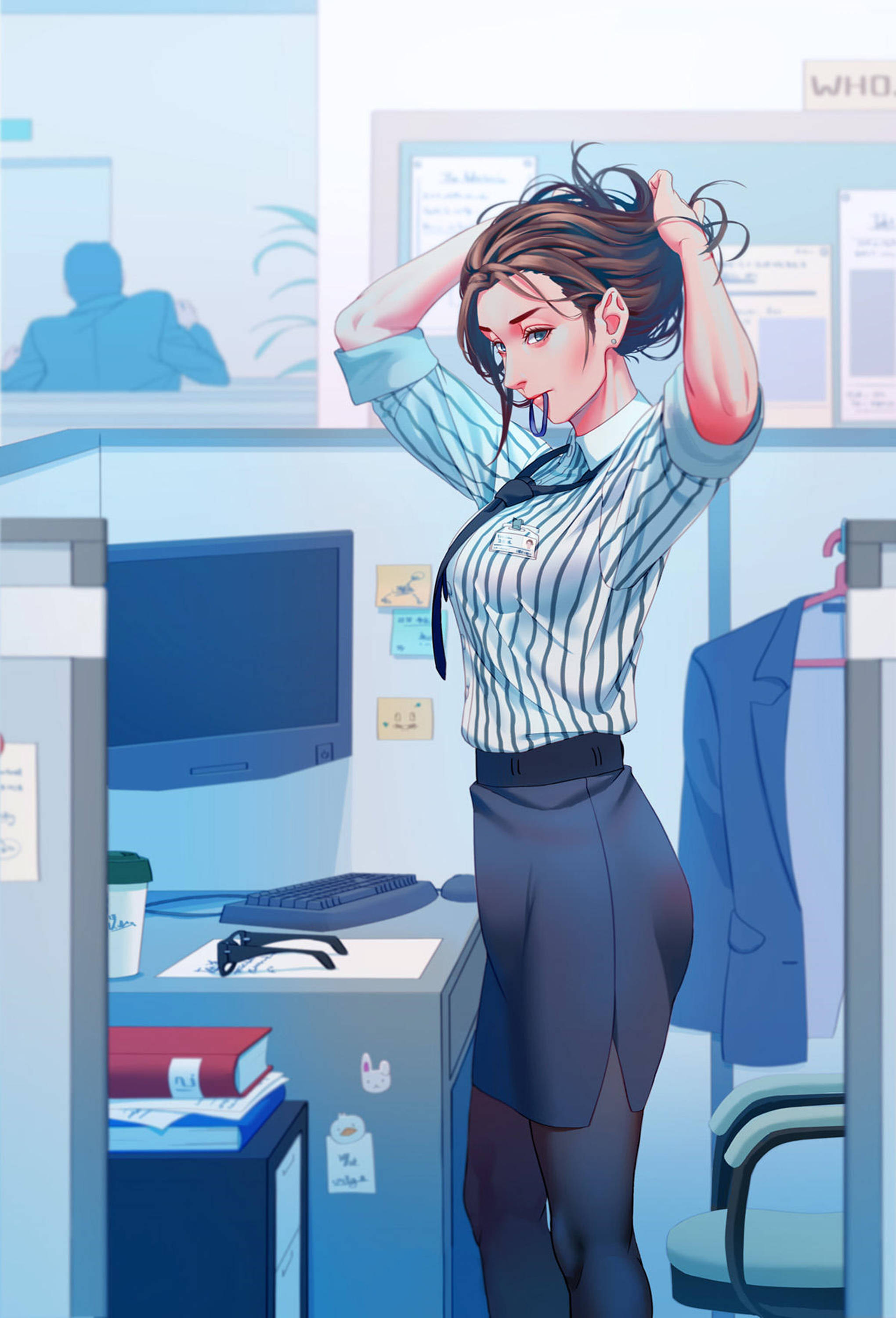 動漫辦公室女孩藝術作品 壁紙 — 一位動漫風格女性穿著條紋辦公室襯衫，雙手抓著頭髮，沮喪地站在辦公隔間中，周圍是辦公桌和顯示器。