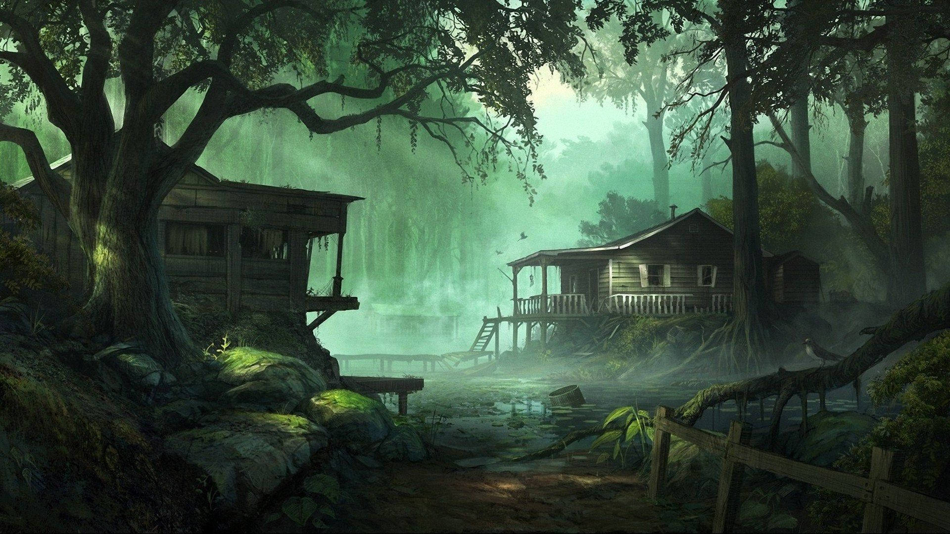 兩間質樸的小屋坐落在霧氣瀰漫的沼澤中，周圍環繞著巨大的樹木和發光的水。