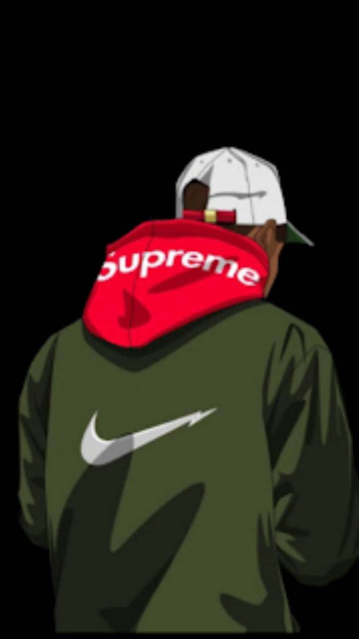 身穿綠色Nike連帽衫和紅色Supreme帽子、戴白色帽子背對鏡頭的人。