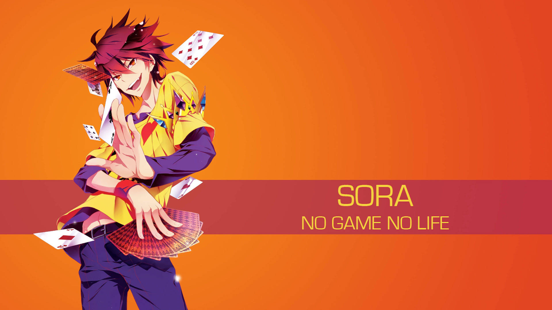 來自《No Game No Life》的動漫角色空在橙色背景前雜耍撲克牌。