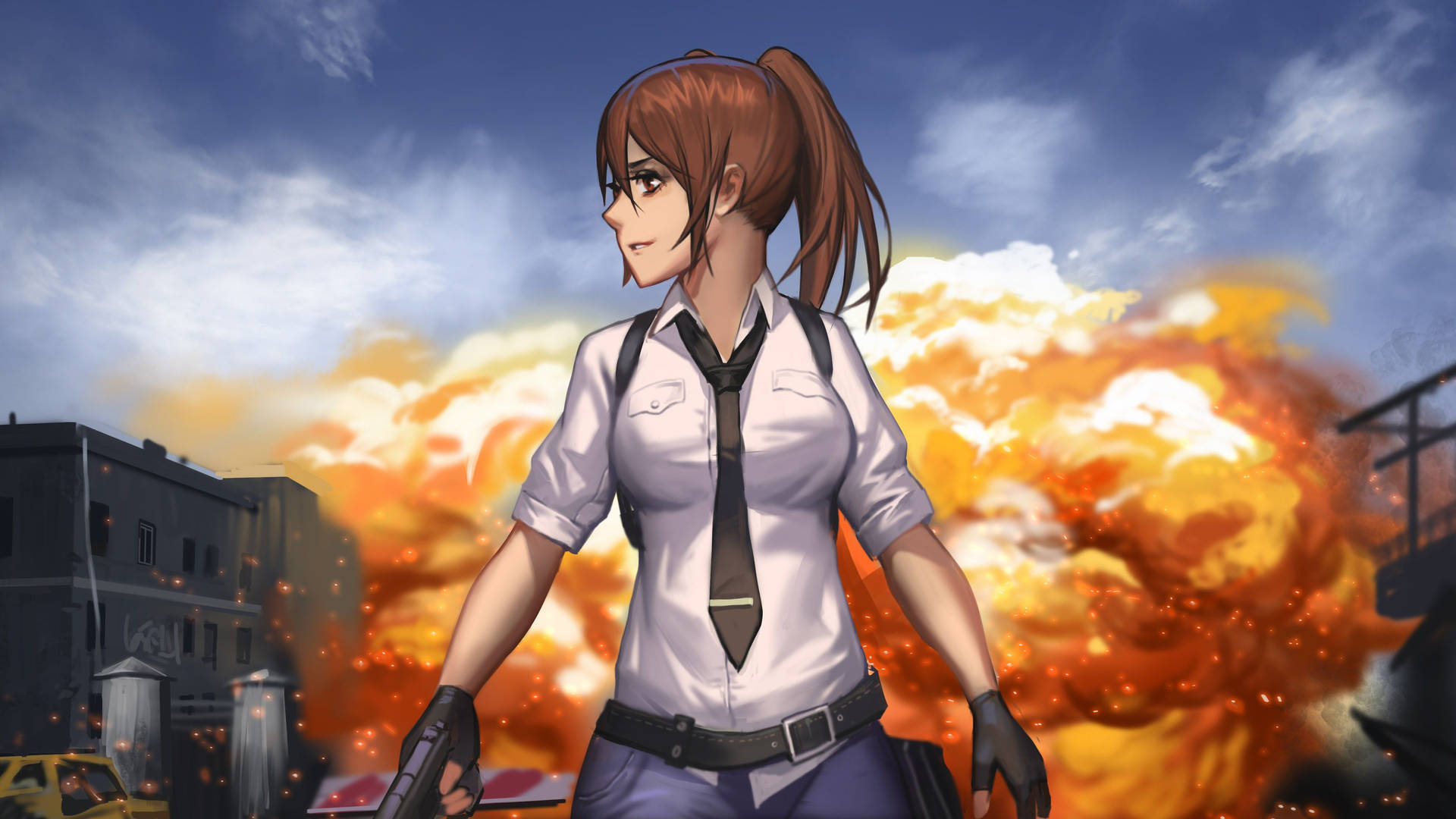 穿制服的動漫女孩站在城市廢墟中的火焰爆炸前。