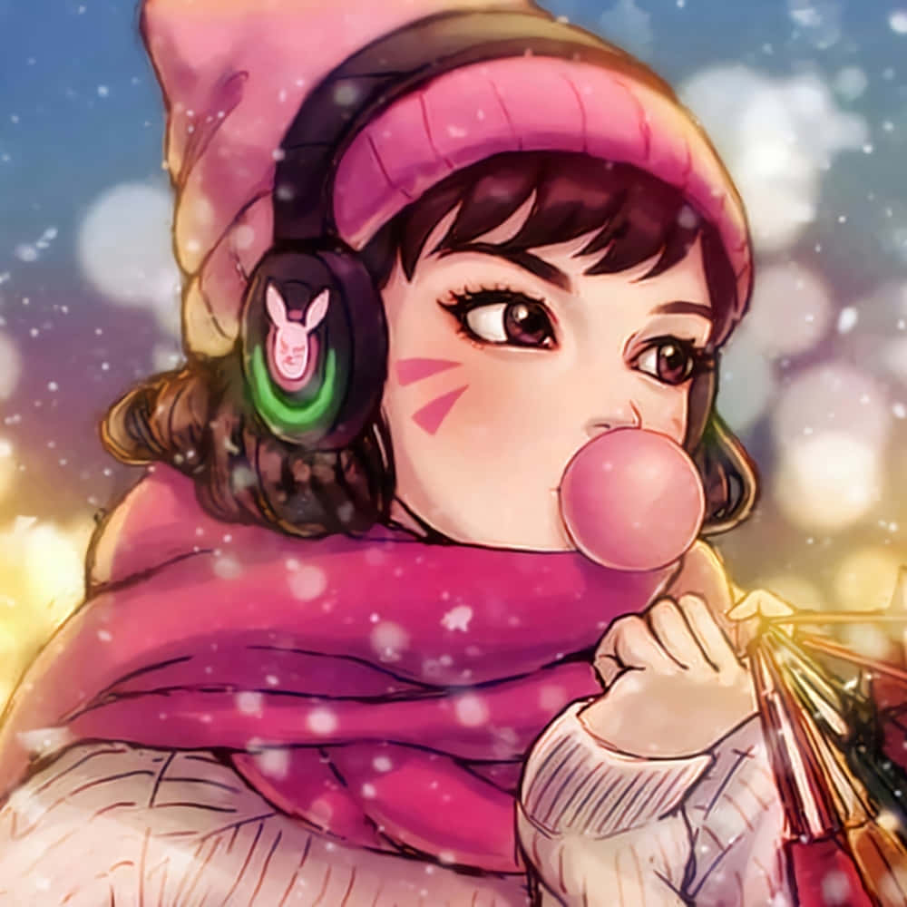 穿著冬季裝備的動漫女孩在雪中吹泡泡糖