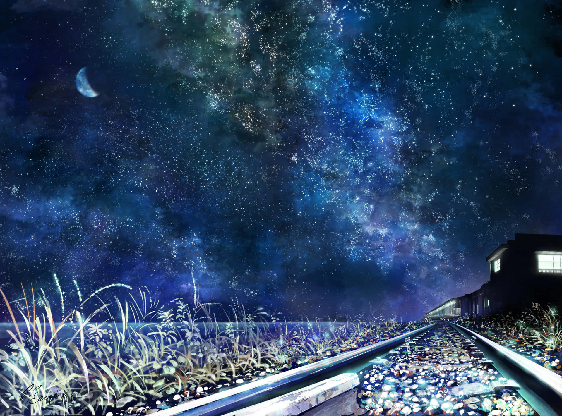 動漫鐵軌夜景 壁紙 — 鐵路軌道延伸向一個發光的車站，上方是廣闊的星空夜空，有一彎新月。