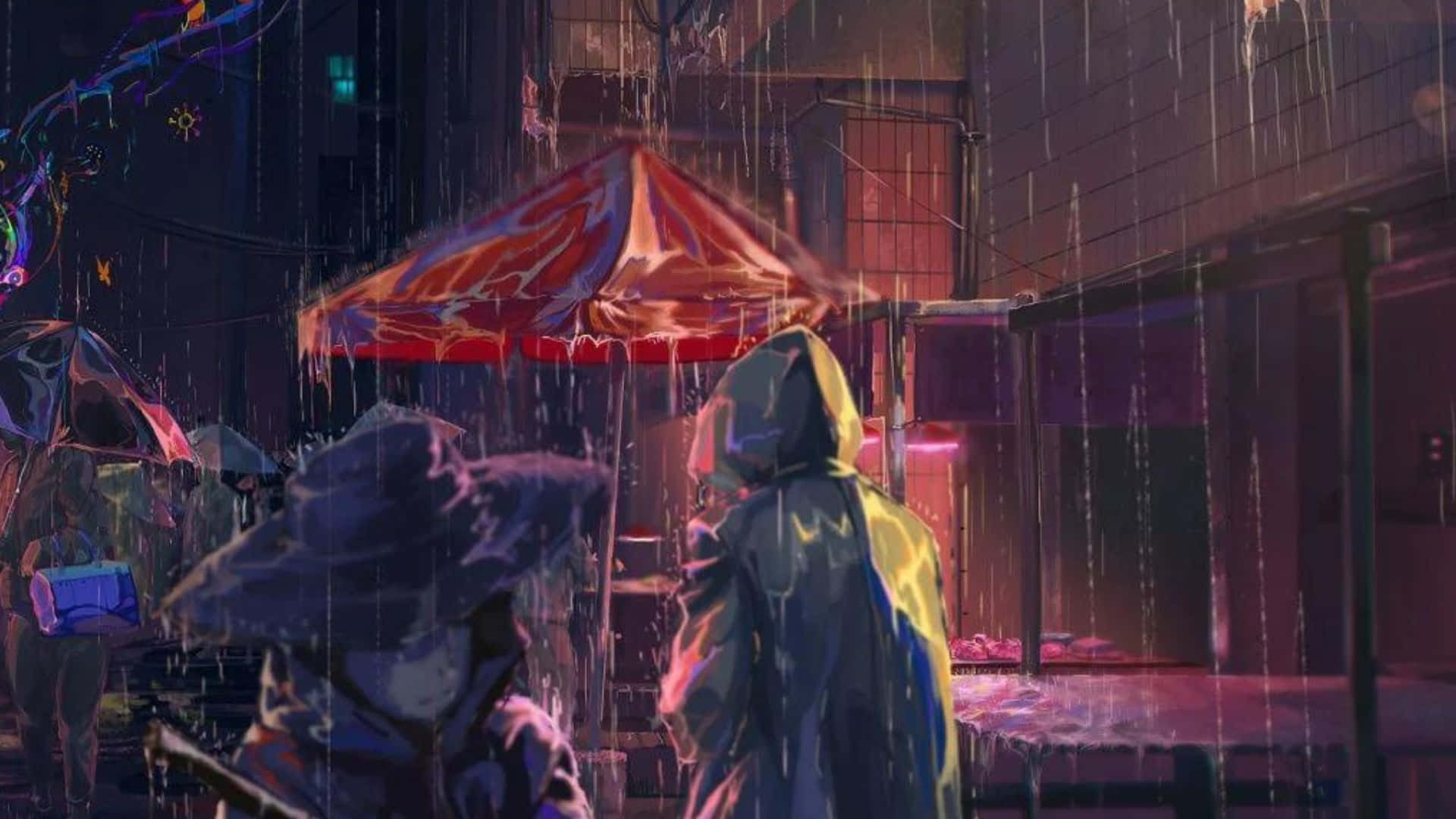 動漫雨中街頭行人背景 壁紙 — 夜晚一條潮濕的霓虹燈小巷，有穿著連帽雨衣的人物在發光的雨傘下行走。