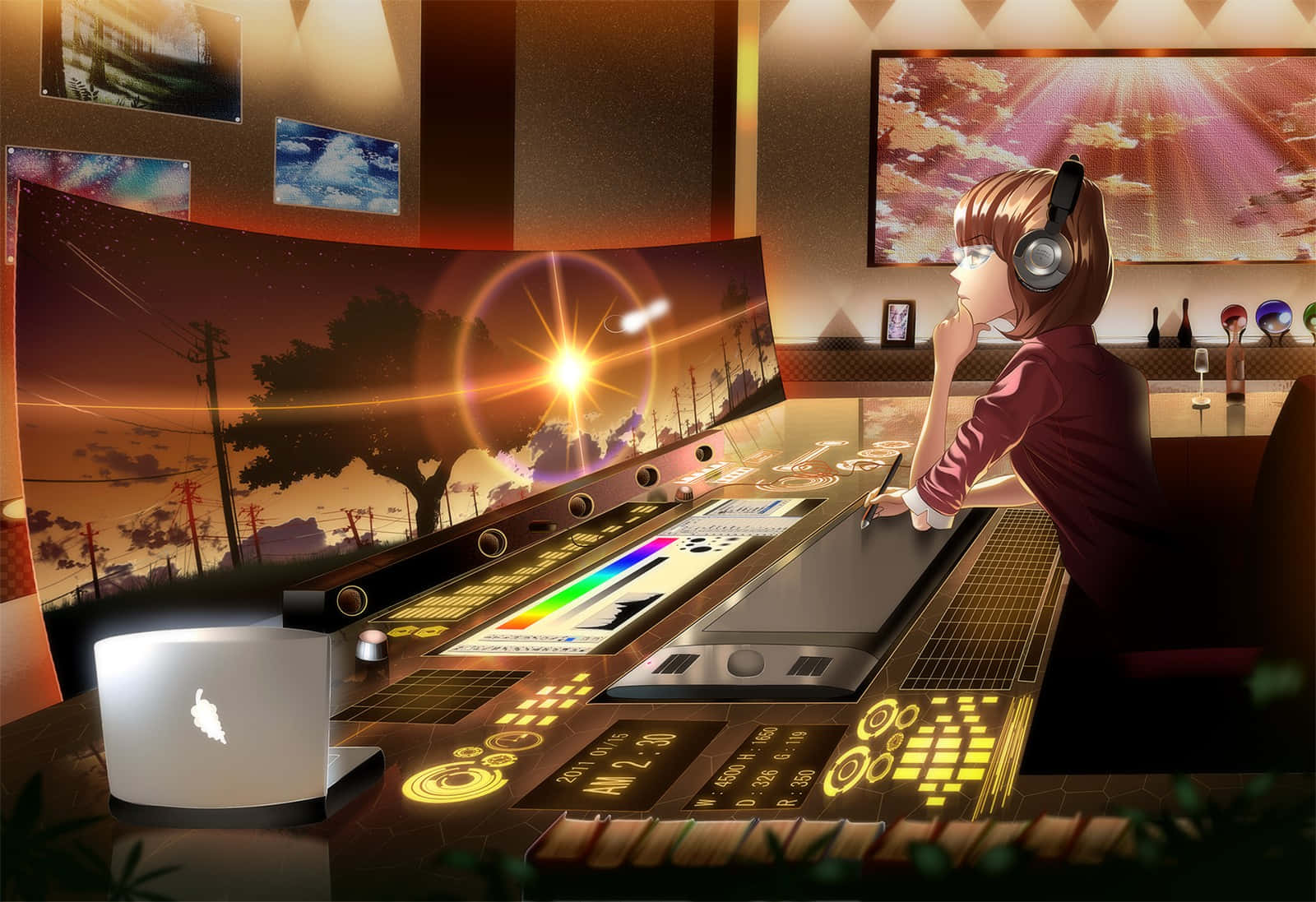 動漫女孩在數位藝術工作室中，在曲面顯示器上編輯日落場景。