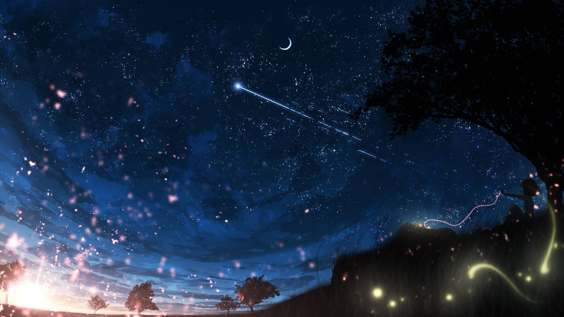 一個繁星點點的夜空，有螢火蟲和新月在黑暗的景觀上方。