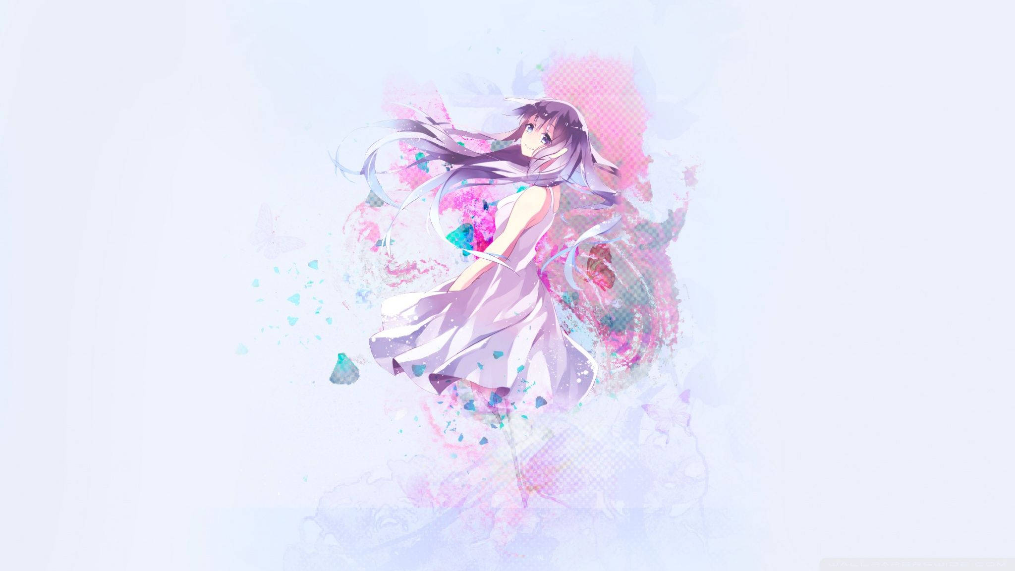 動漫風可愛馬卡龍色少女 壁紙 — 一位長髮飄逸的動漫女孩，身穿輕盈連衣裙，在柔和的白色背景下，在充滿活力的粉紅色和藍色水彩飛濺中起舞。