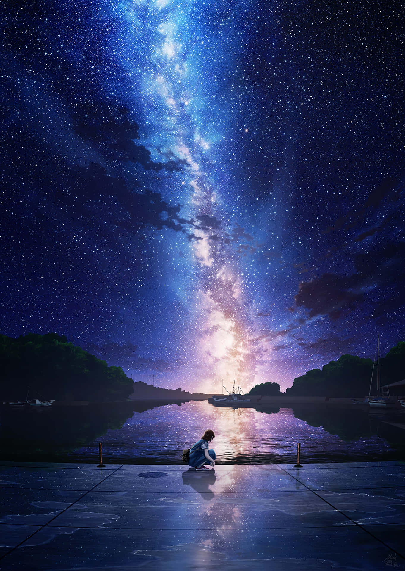 人在碼頭上跪著，星空下，水面反射銀河。