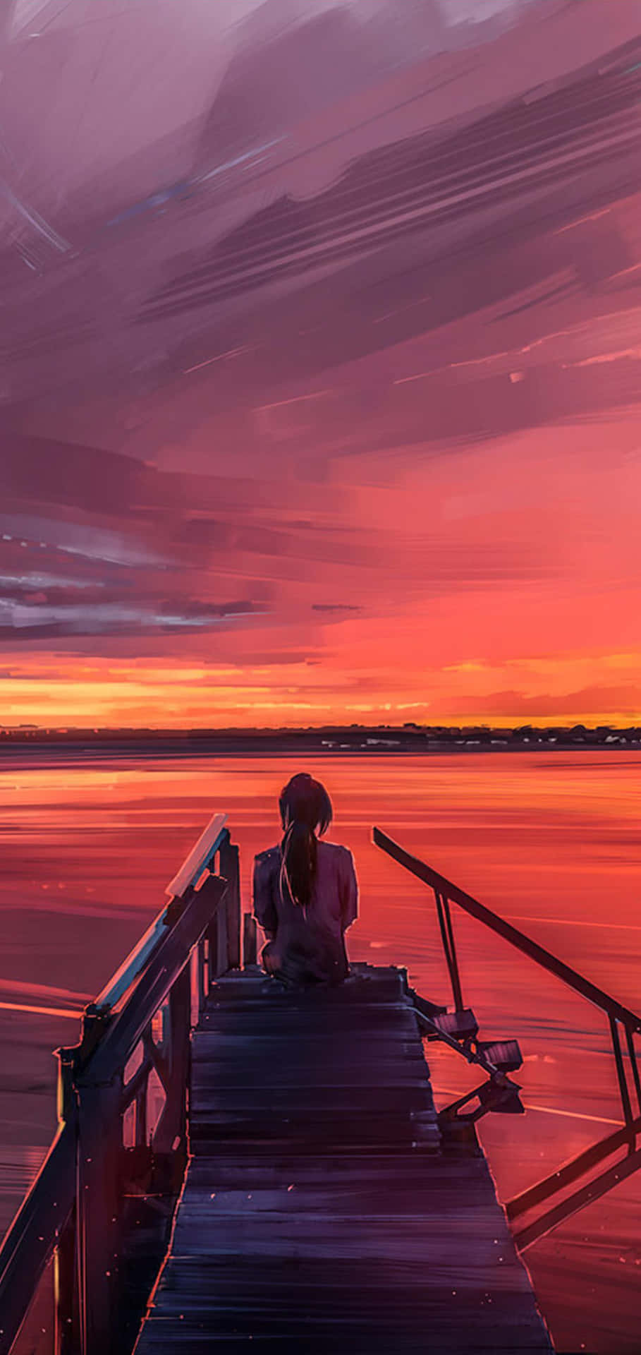 一個人獨自坐在碼頭上，觀賞水面上充滿活力的夕陽。