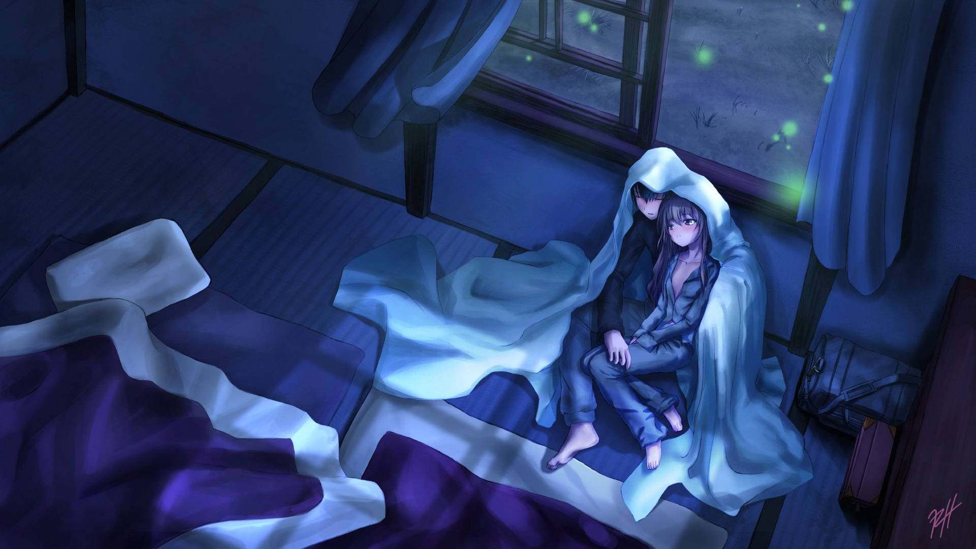 兩個動漫角色在夜間安靜的臥室裡蜷縮在發光的毯子下。