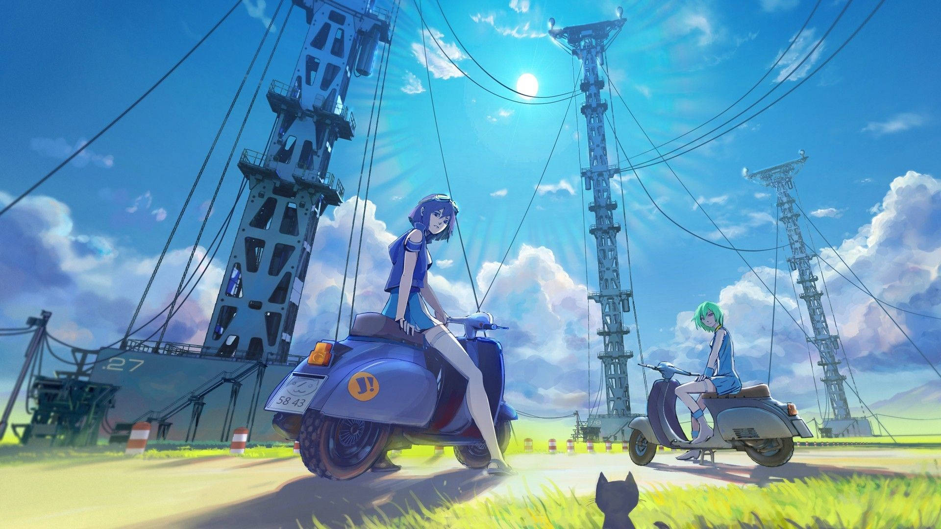 兩個動漫女孩在電線和船隻附近騎著滑板車，天空晴朗。