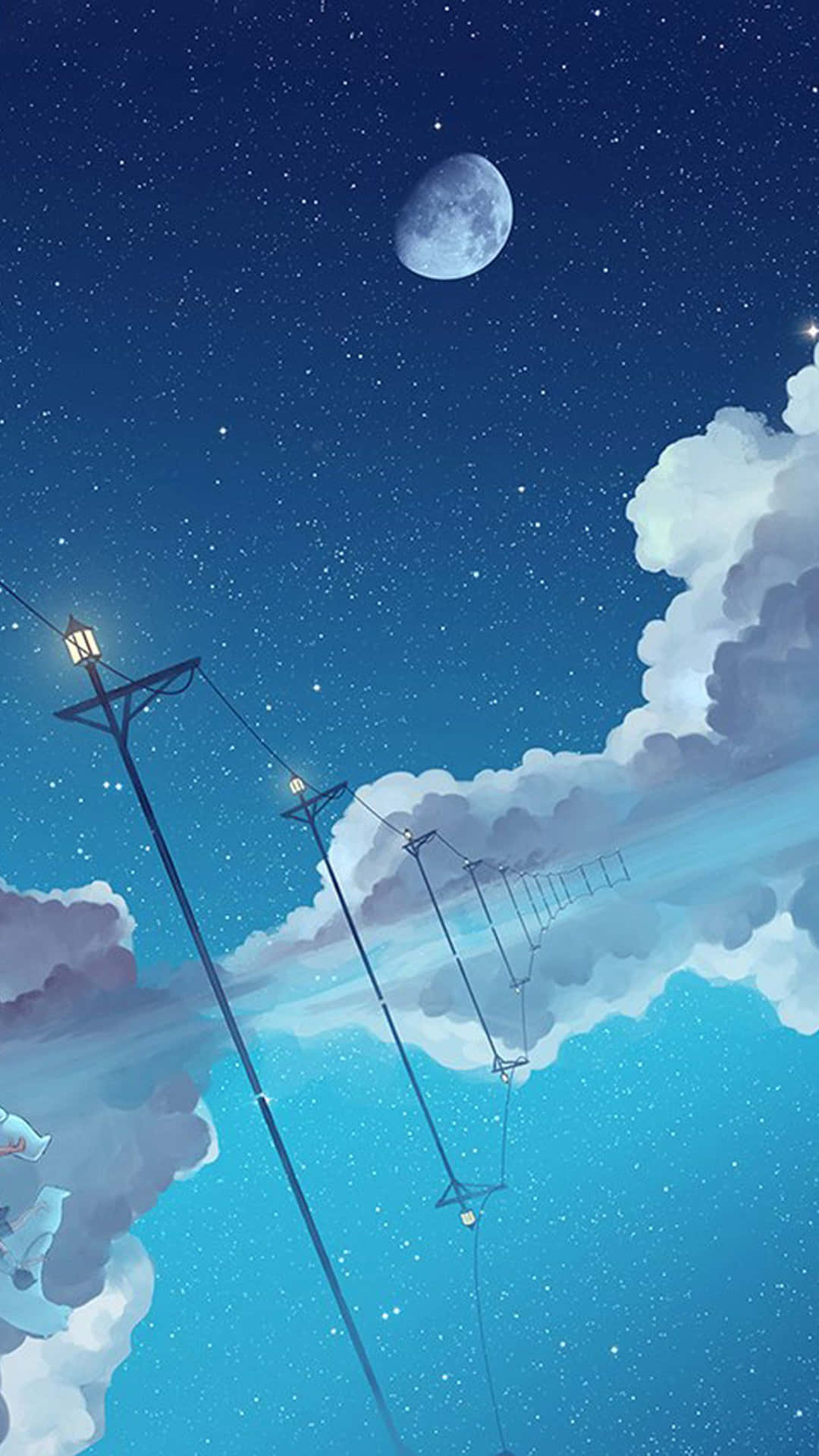 夜空 月亮 星星 雲 發光街燈