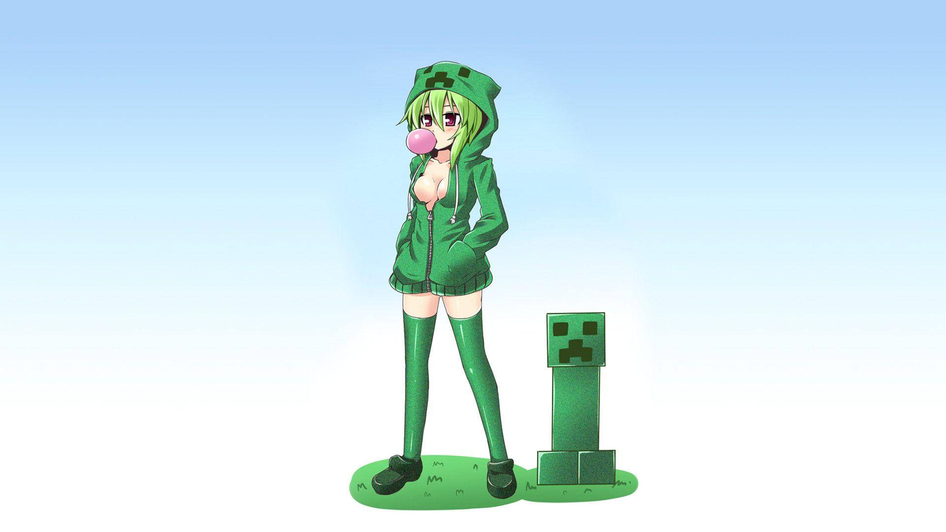 動漫風格 Minecraft Dream 女版 壁紙 — 動漫女孩穿著綠色Creeper連帽衫，在草地上的Minecraft Creeper方塊旁邊吹粉紅色泡泡糖。