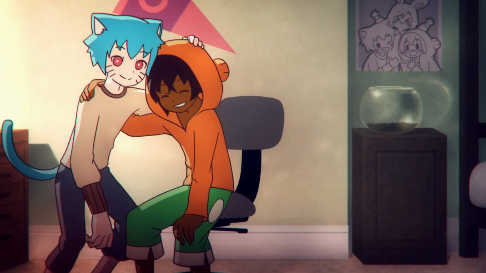 動漫風格Gumball與Darwin 壁紙 — 兩個穿著動物服裝的動漫角色在一個舒適的臥室裡溫暖地擁抱，房間裡有魚缸和牆壁藝術。