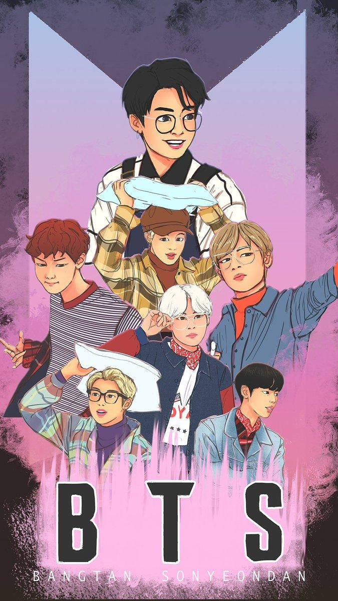 動漫風格Jungkook與Bangtan Boys 壁紙 — 七位以插圖風格繪製的K-pop偶像，身穿色彩繽紛的服裝，在帶有BTS標誌的鮮豔紫色漸變背景前擺姿勢。