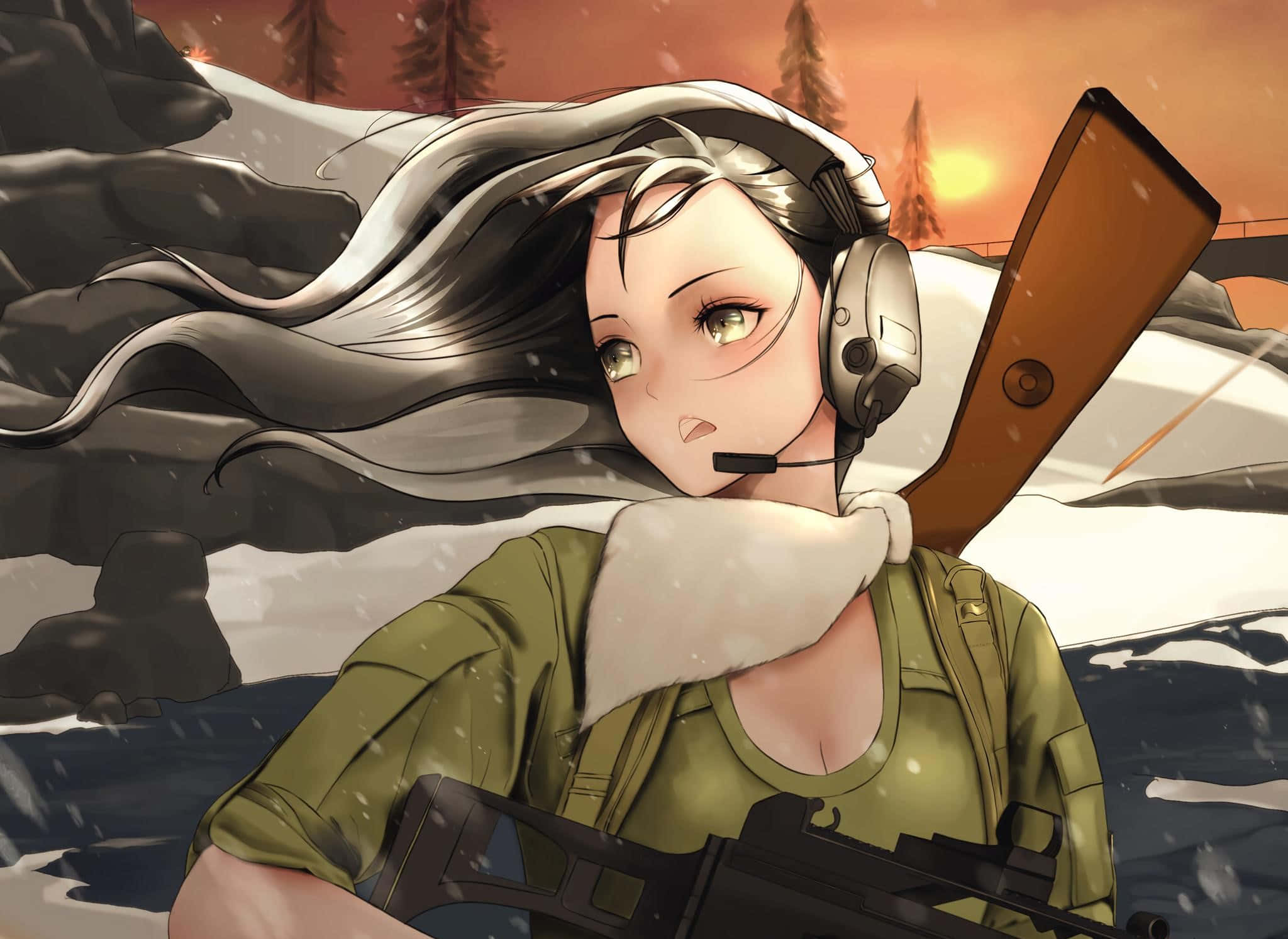 動漫風格PUBG女角色 壁紙 — 一位年輕的動漫士兵，長長銀髮戴著耳機，在夕陽下的雪山中休息，手持步槍。